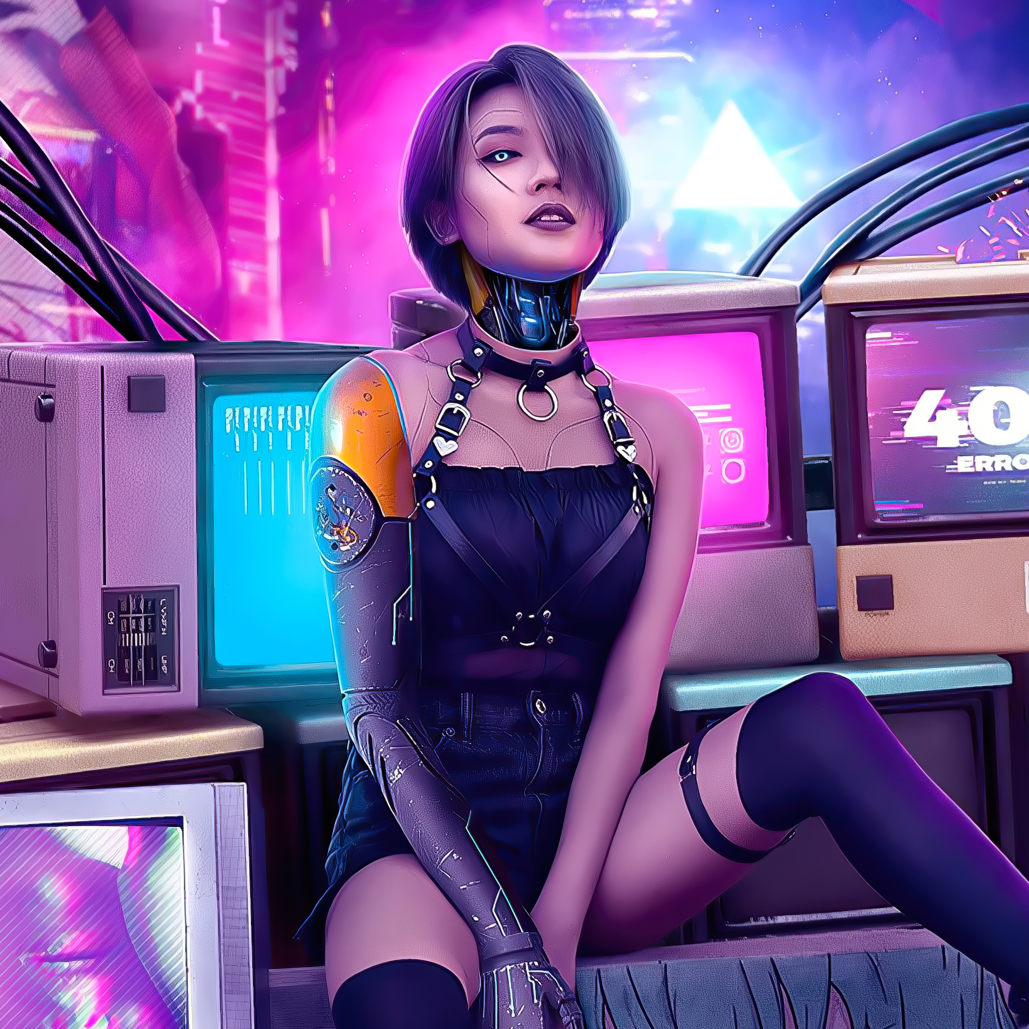 Cyberpunk Girl Retro Art 4k In 2048x2048 Resolution. cyberpunk-girl-retro-a...