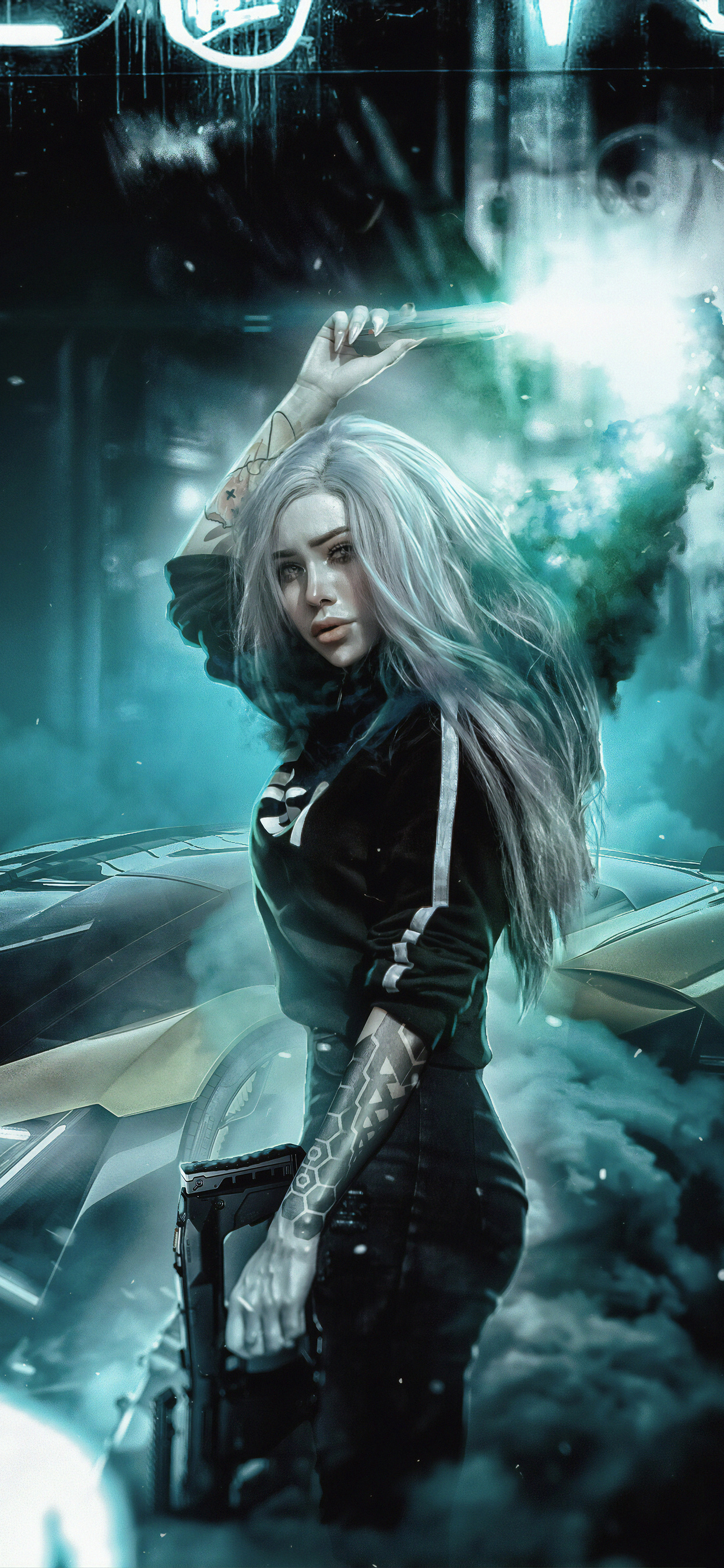 1242x2688 Cyberpunk Girl With Cars And Smoke Bomb Iphone XS MAX HD 4k