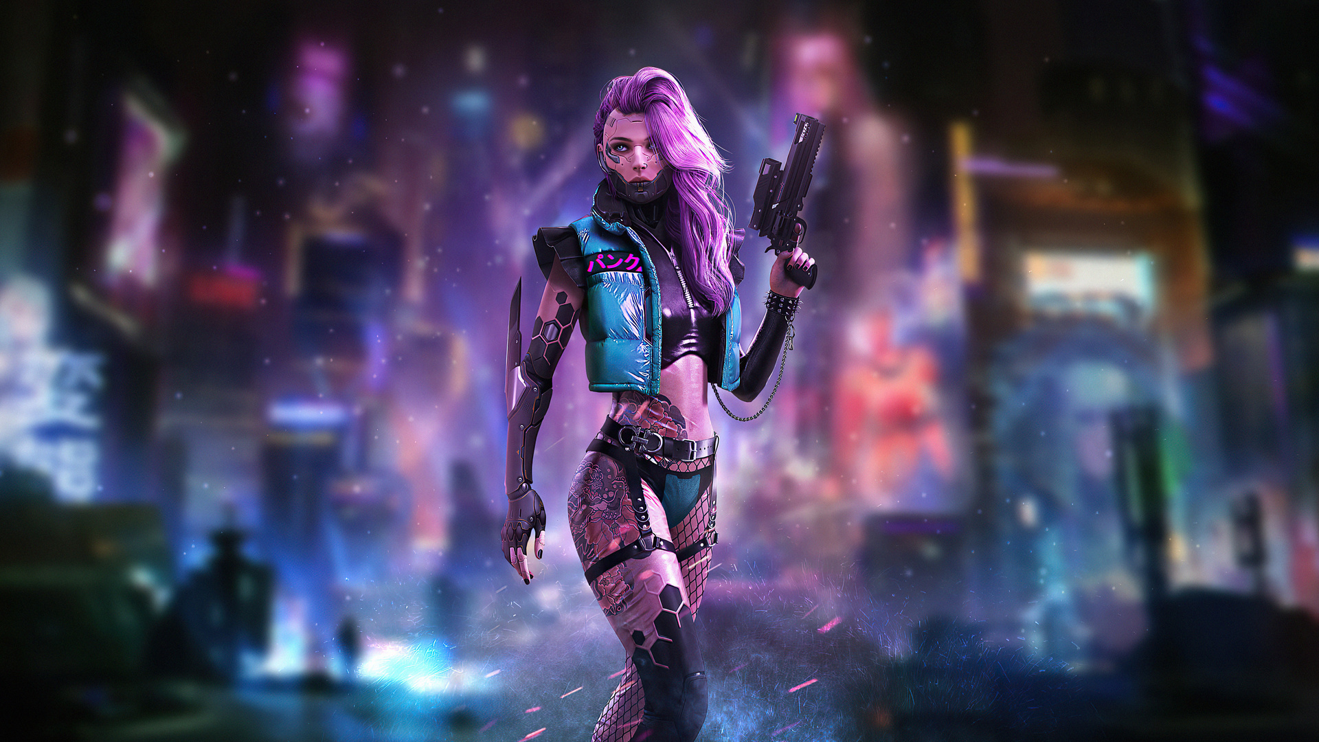 1920x1080 Cyberpunk Tatto Girl With Guns 4k Laptop Full Hd 1080p Hd 4k Wallpapersimages