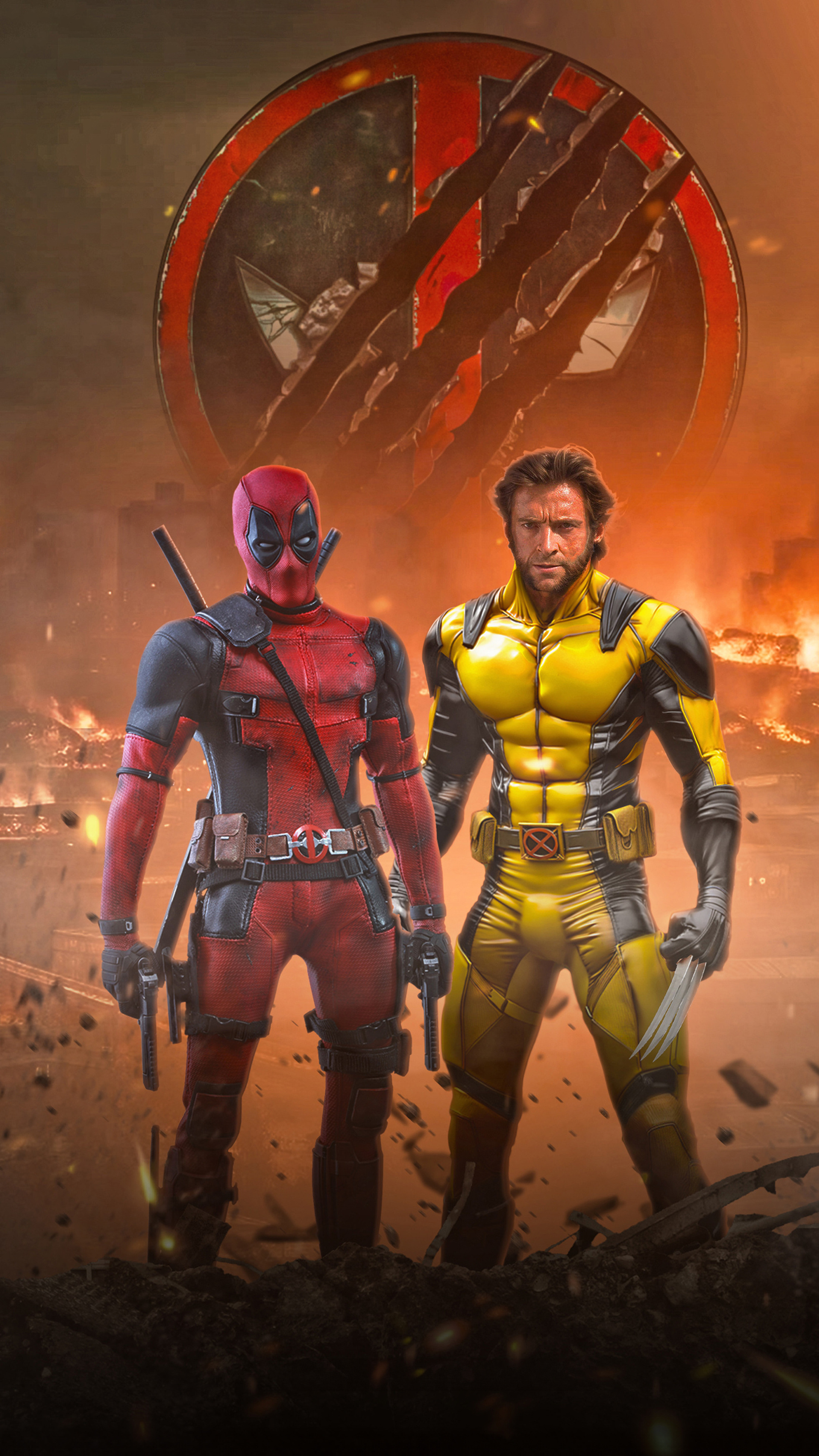 2160x3840 Deadpool And Wolverine In A City Ablaze Sony Xperia X XZ Z5 