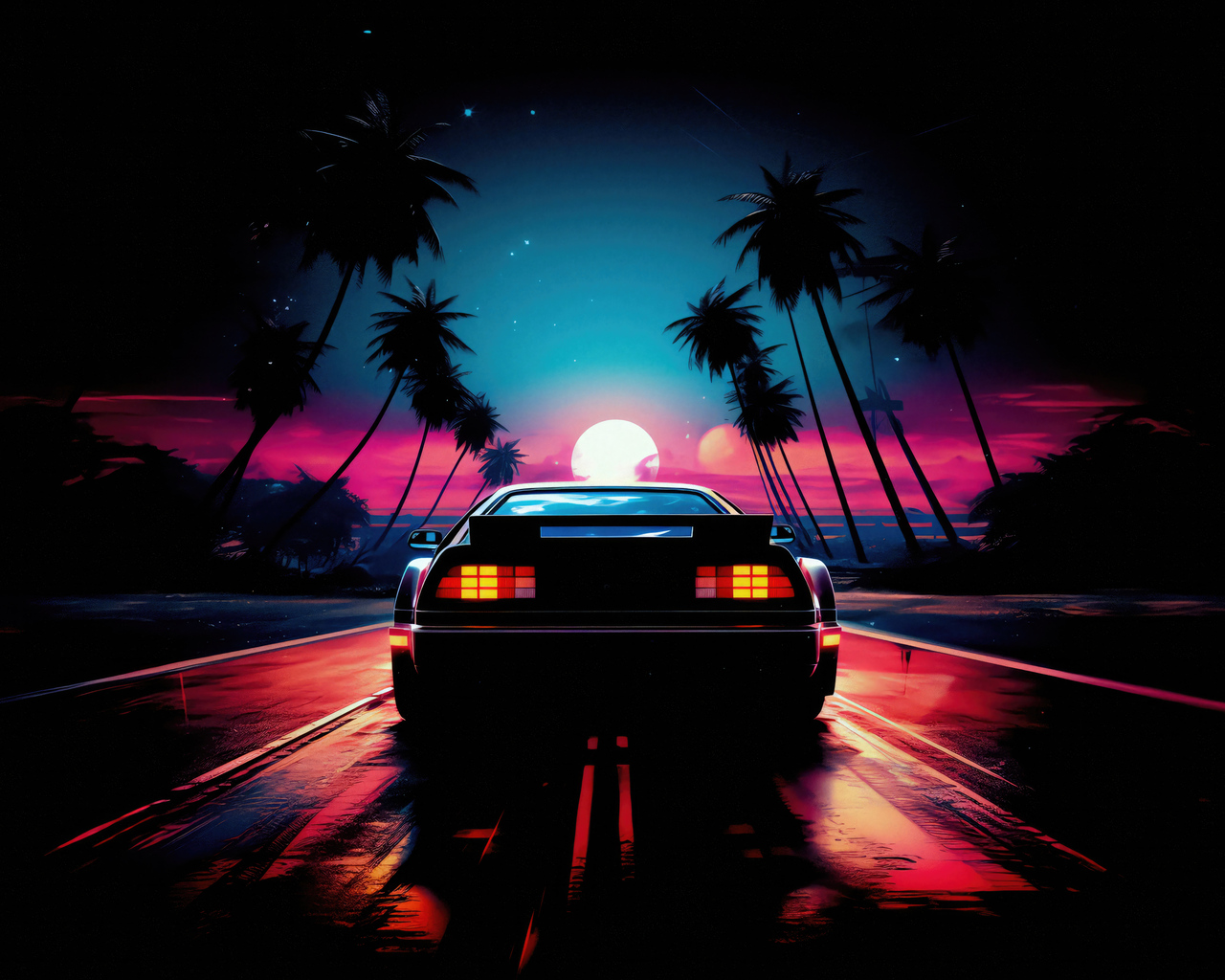 Delorean And Outrun Sunset Wallpaper In 1280x1024 Resolution