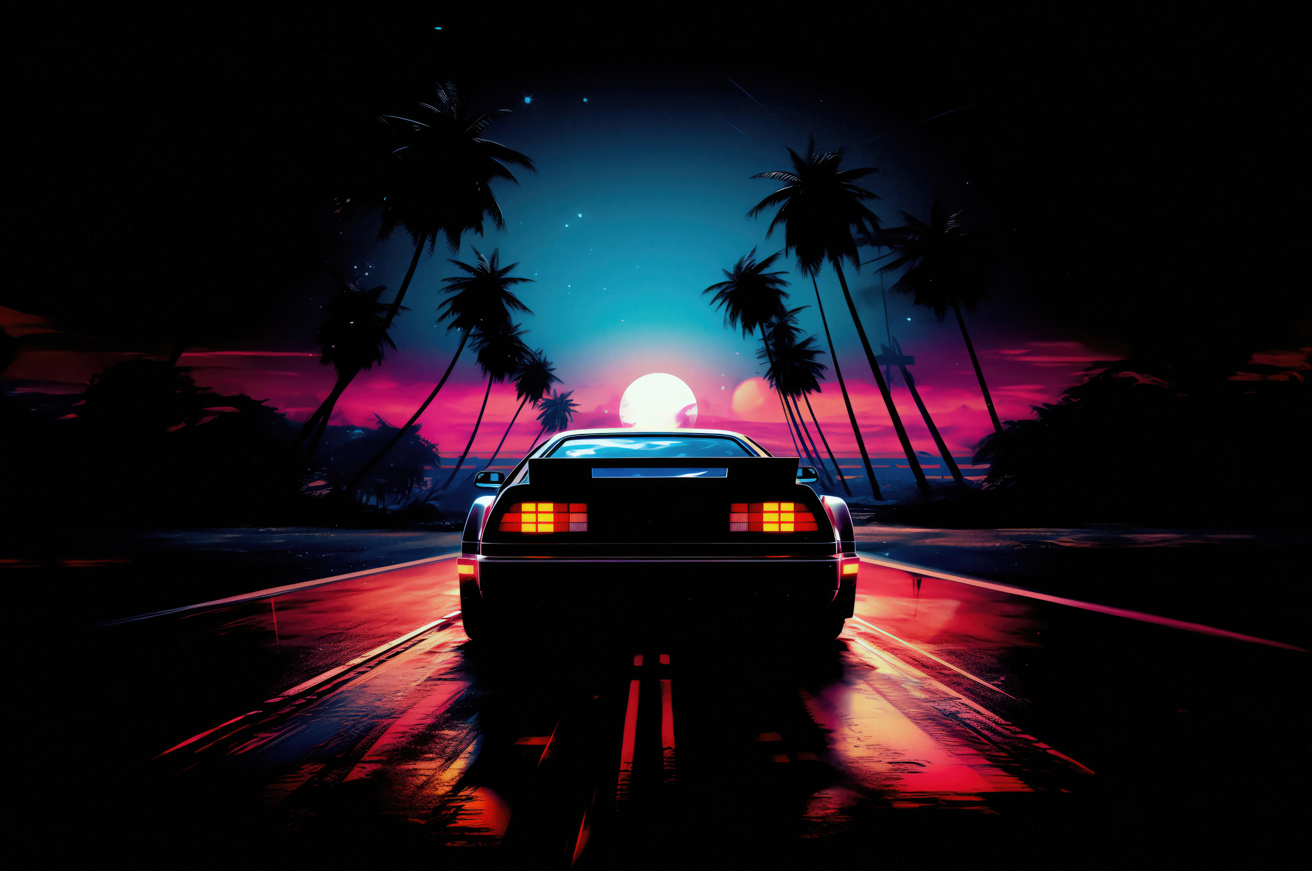 Delorean And Outrun Sunset Wallpaper In 2560x1700 Resolution