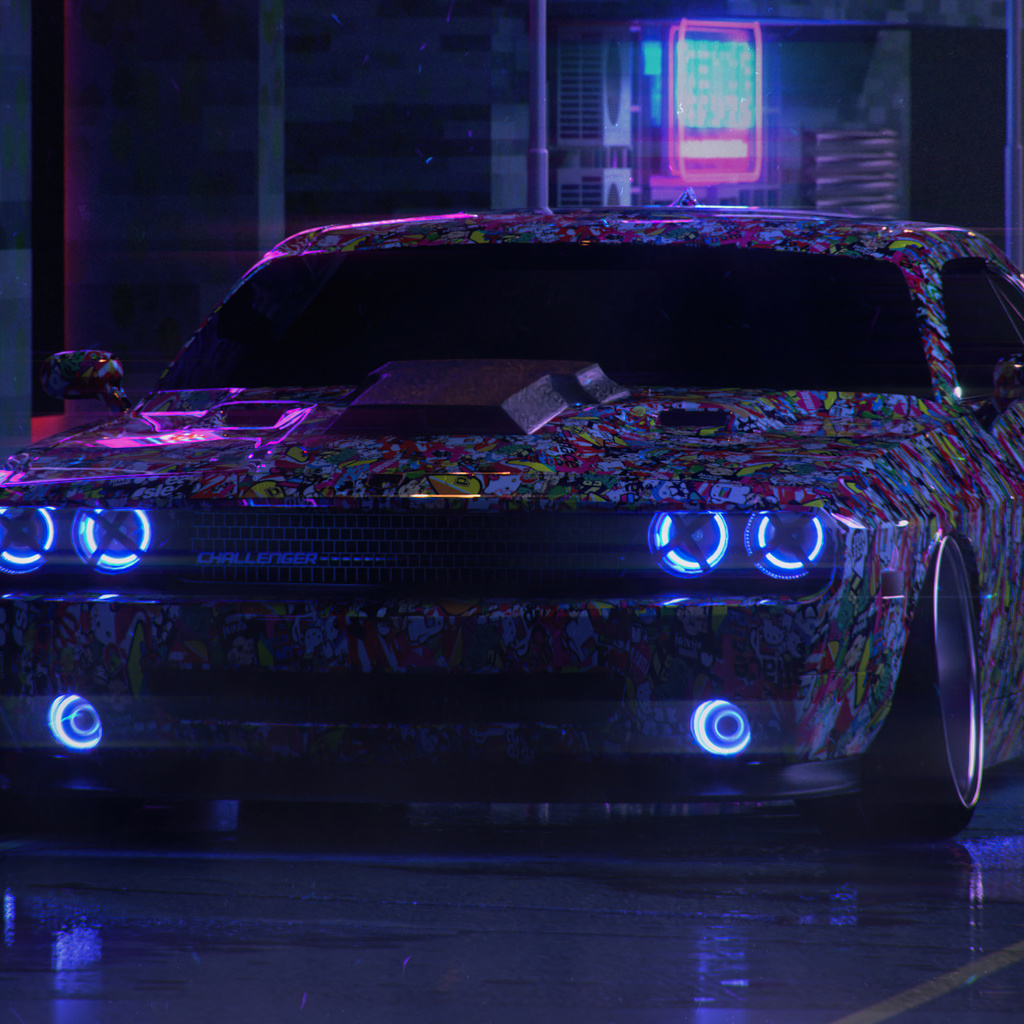 1024x1024 Dodge Challenger On Street Neon 5k 1024x1024 Resolution HD 4k ...