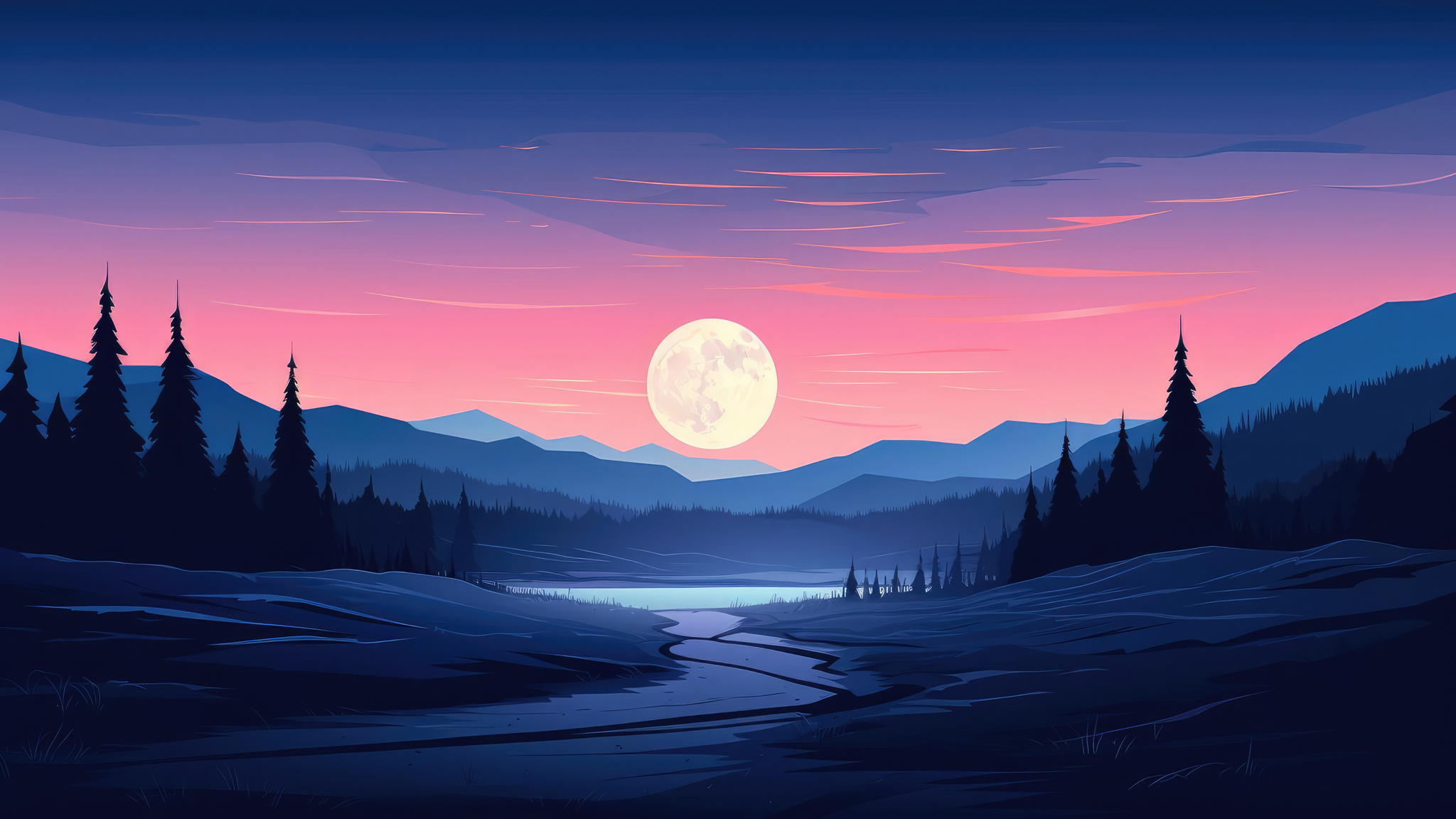 2048x1152 Evening Landscape In Minimalist Style Wallpaper,2048x1152