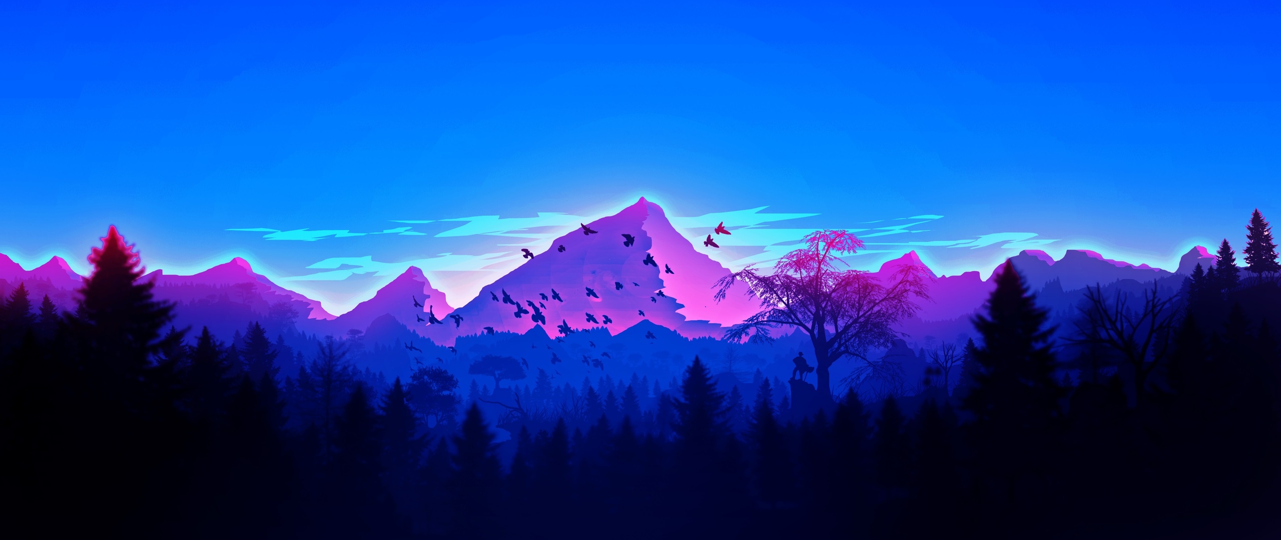 2560x1080 Forest Birds Mountains Vaporwave Minimalism 2560x1080 Resolution Hd 4k Wallpapers Images Backgrounds Photos And Pictures