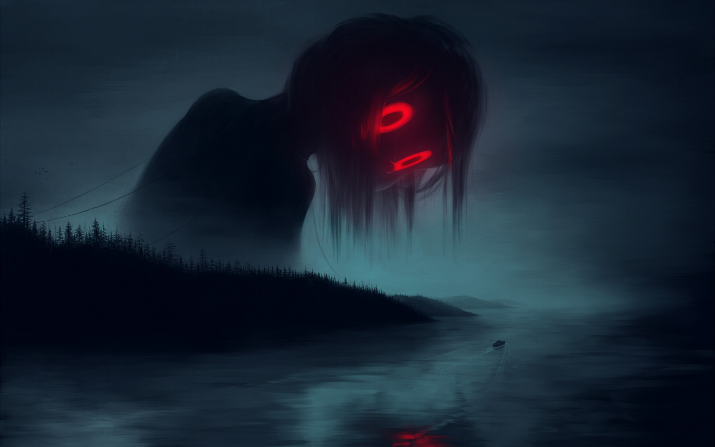 Ночные хорроры. Чёрное существо с красными глазами.