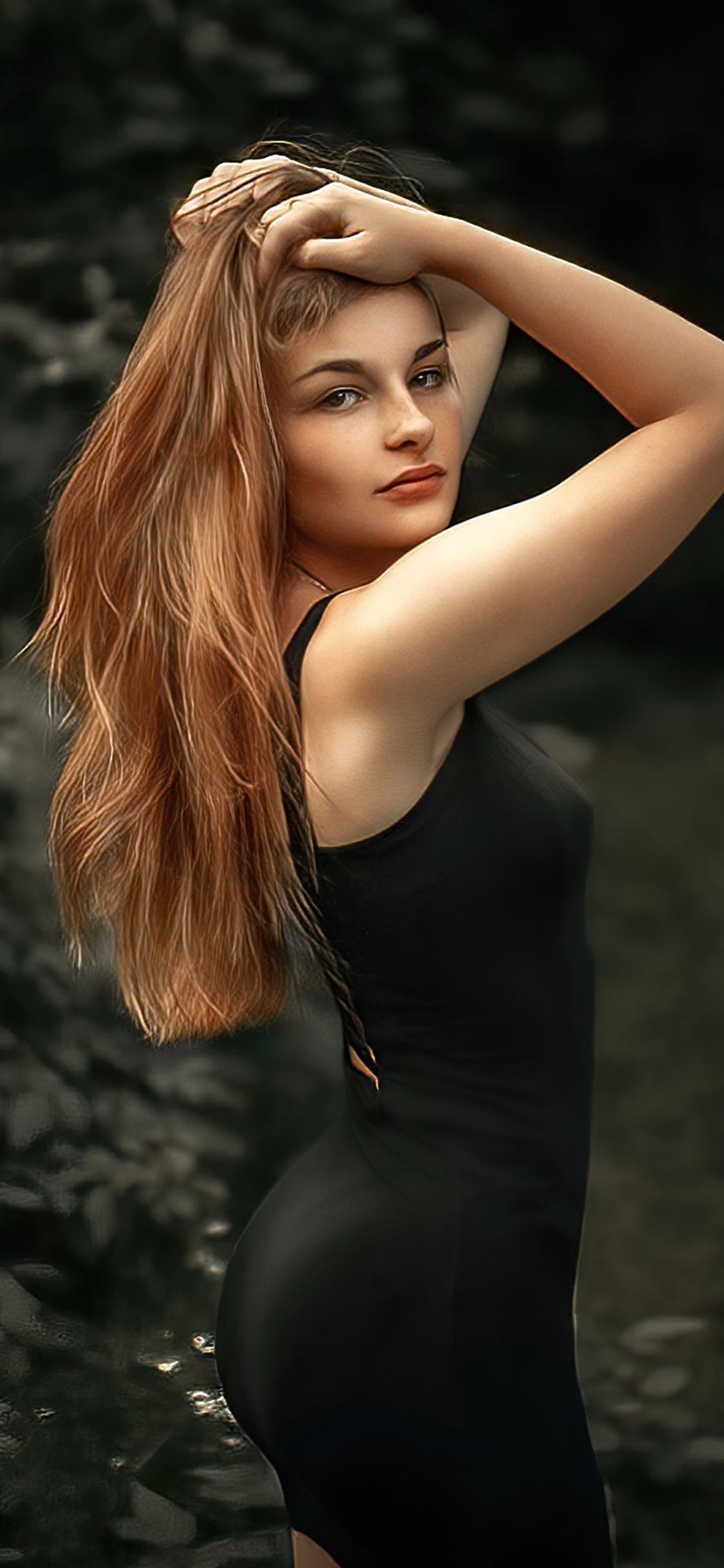 1125x2436 Girl Black Dress Hands On Head 4k Iphone XS,Iphone 10,Iphone