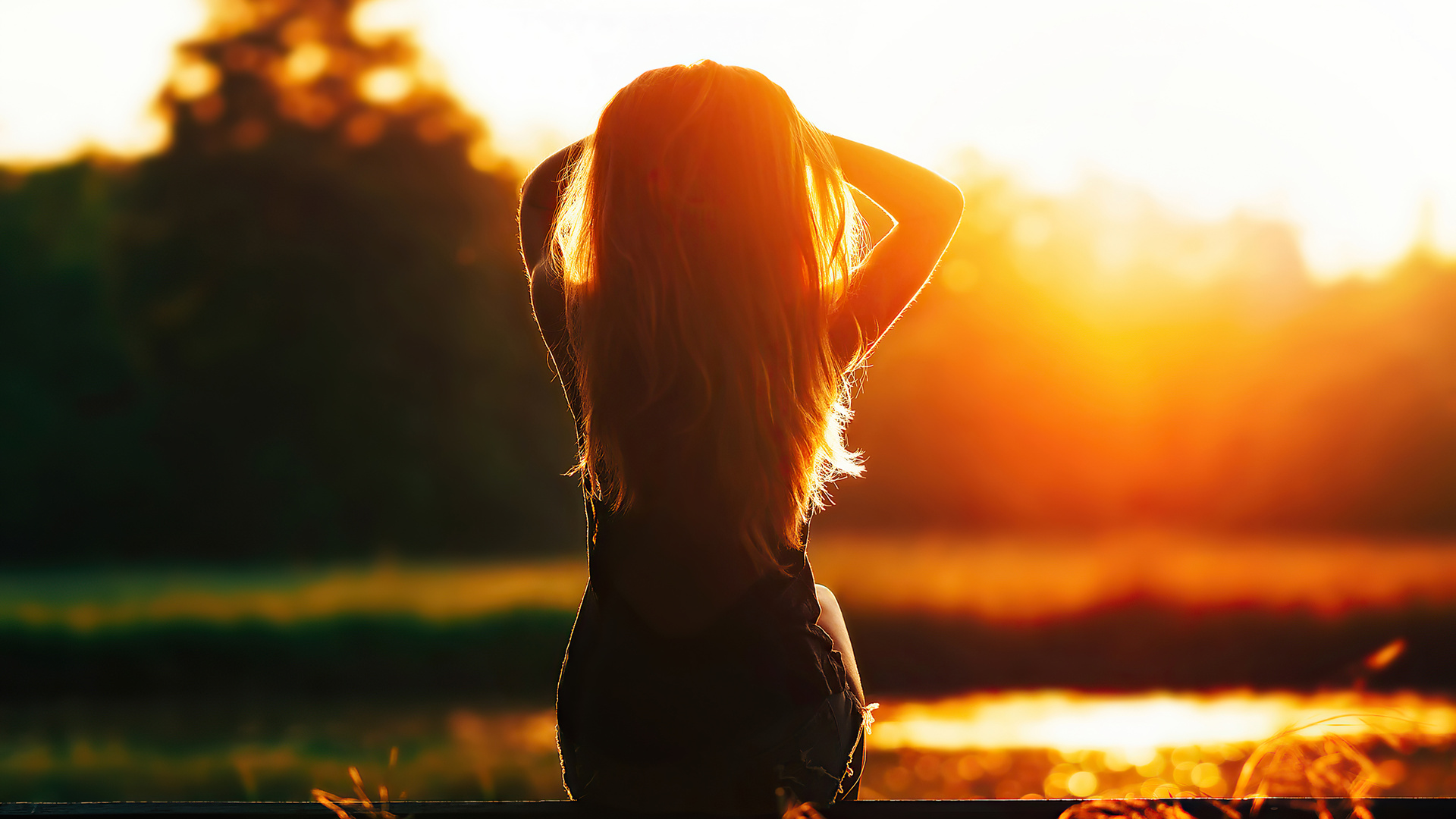 1920x1080 Girl Sitting Looking At Sunset Silhouette 4k Laptop Full HD ...