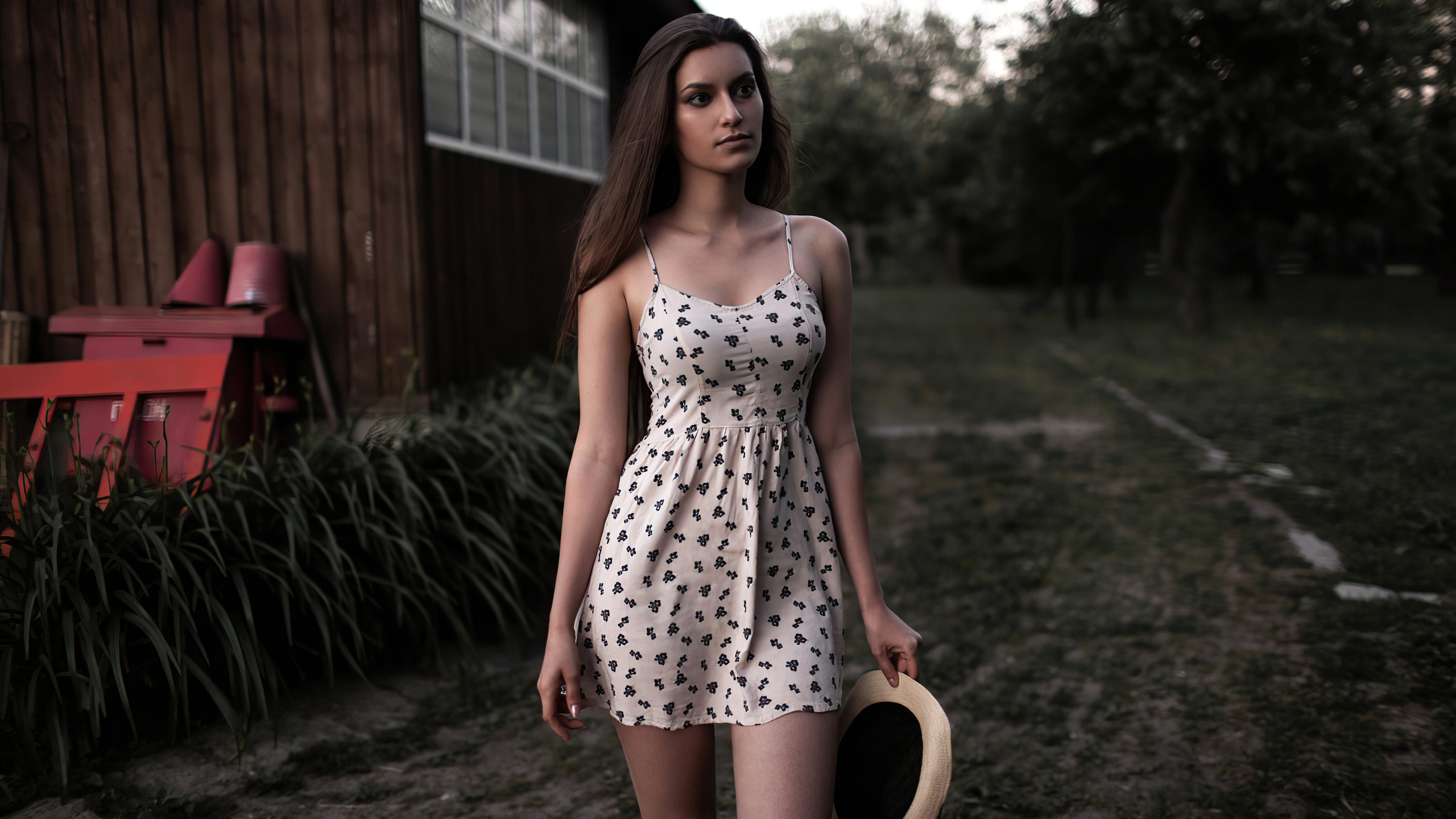 2560x1440 Girl White And Black Floral Spaghetti Strap Dress 5k 1440P ...