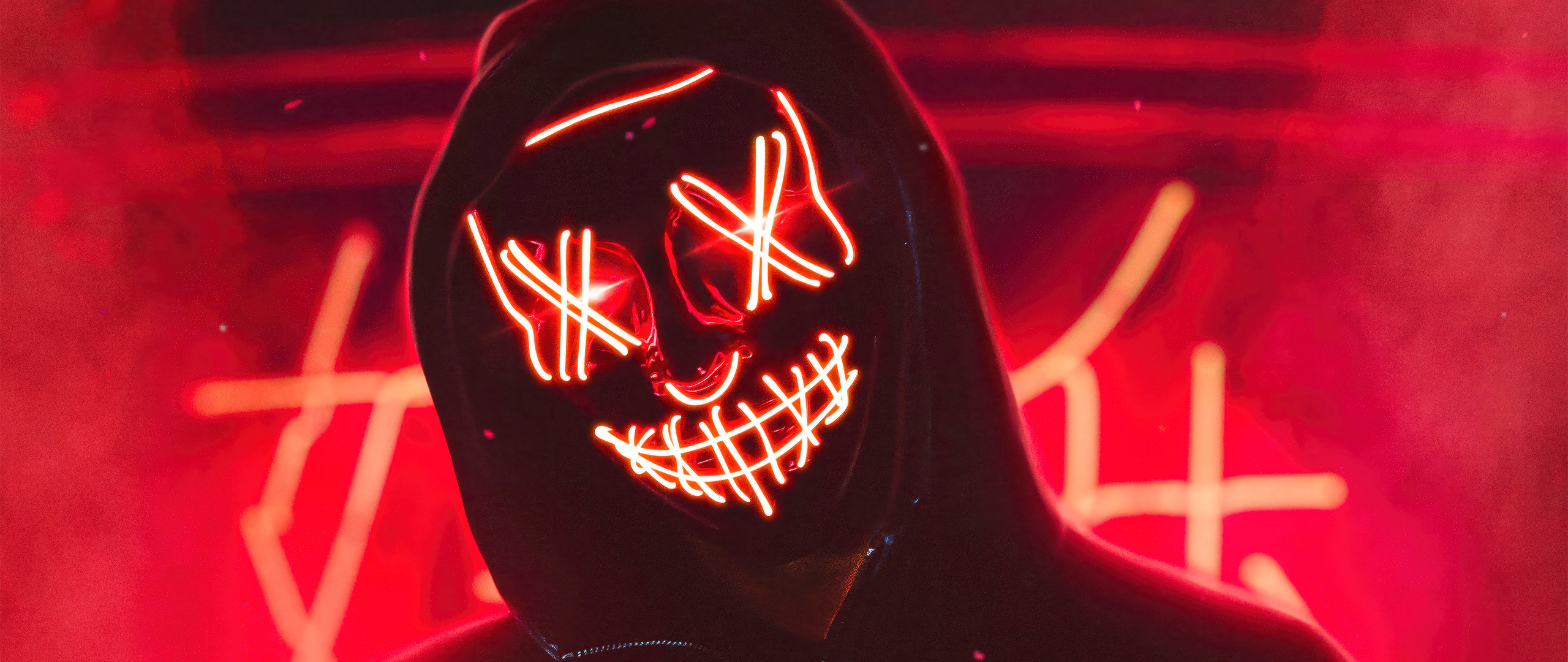 2560x1080 Hoodie Boy With Red Neon Mask Wallpaper,2560x1080 Resolution ...
