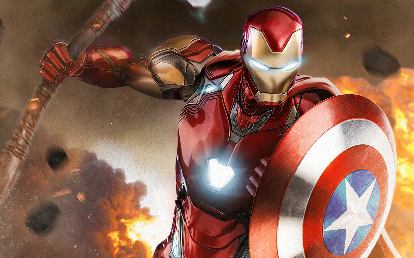1440x900 Iron Man With Captain Shield And Thor Hammer 4k 1440x900 ...