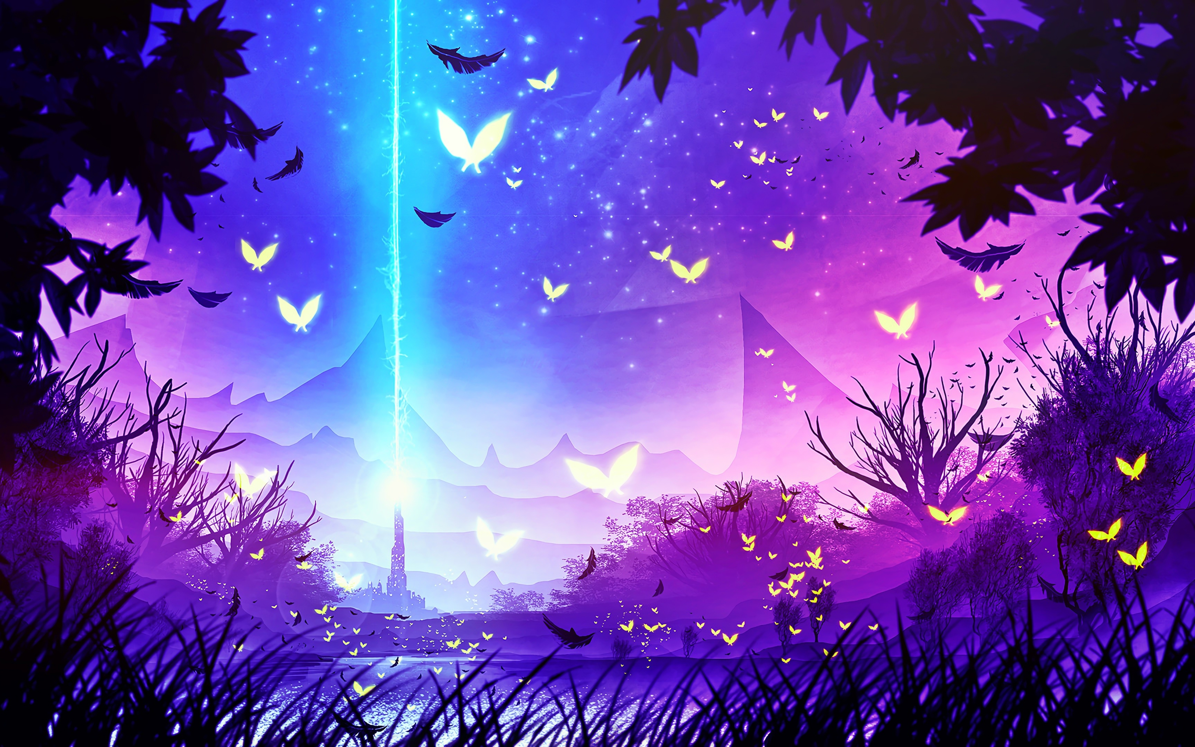 Цветная ночь. Фиолетовый лес. Фон арт. Фиолетовая природа. Волшебный пейзаж.
