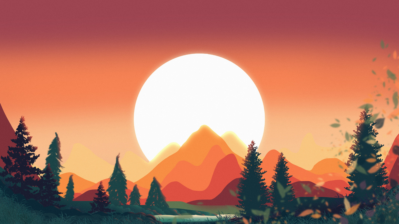 Lights Trees Sunlight Mountains Calm Wallpaper