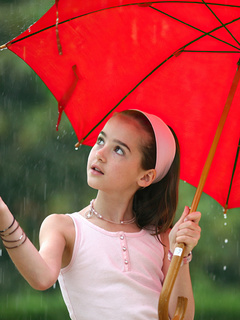 Little Girl In Rain With Umbrella 4k Wallpaper In 240x320 Resolution