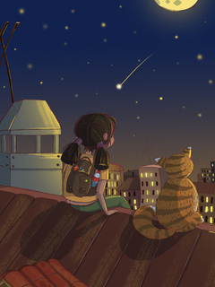 Little Girl Looking At The Stars With Cat 4k Wallpaper In 240x320 Resolution