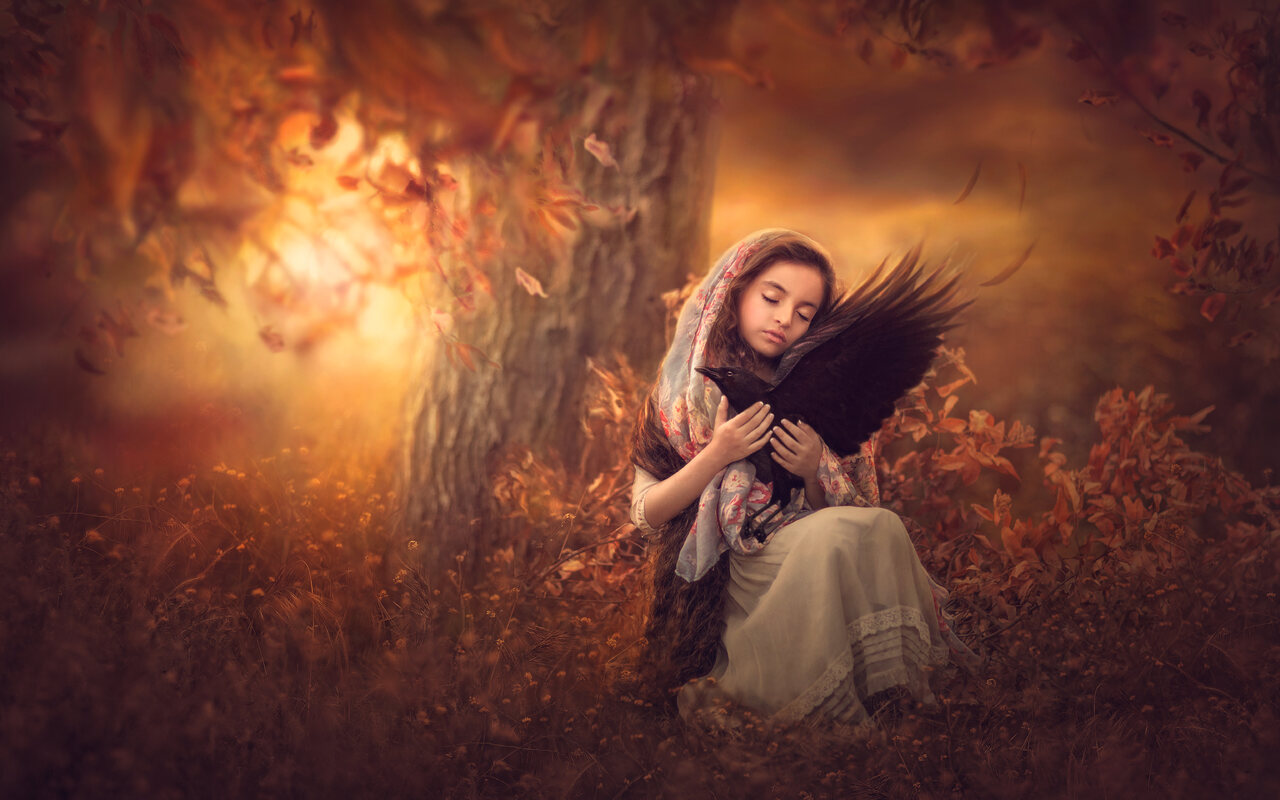 Little Girl With Bird Sitting On Lap 5k Wallpaper In 1280x800 Resolution