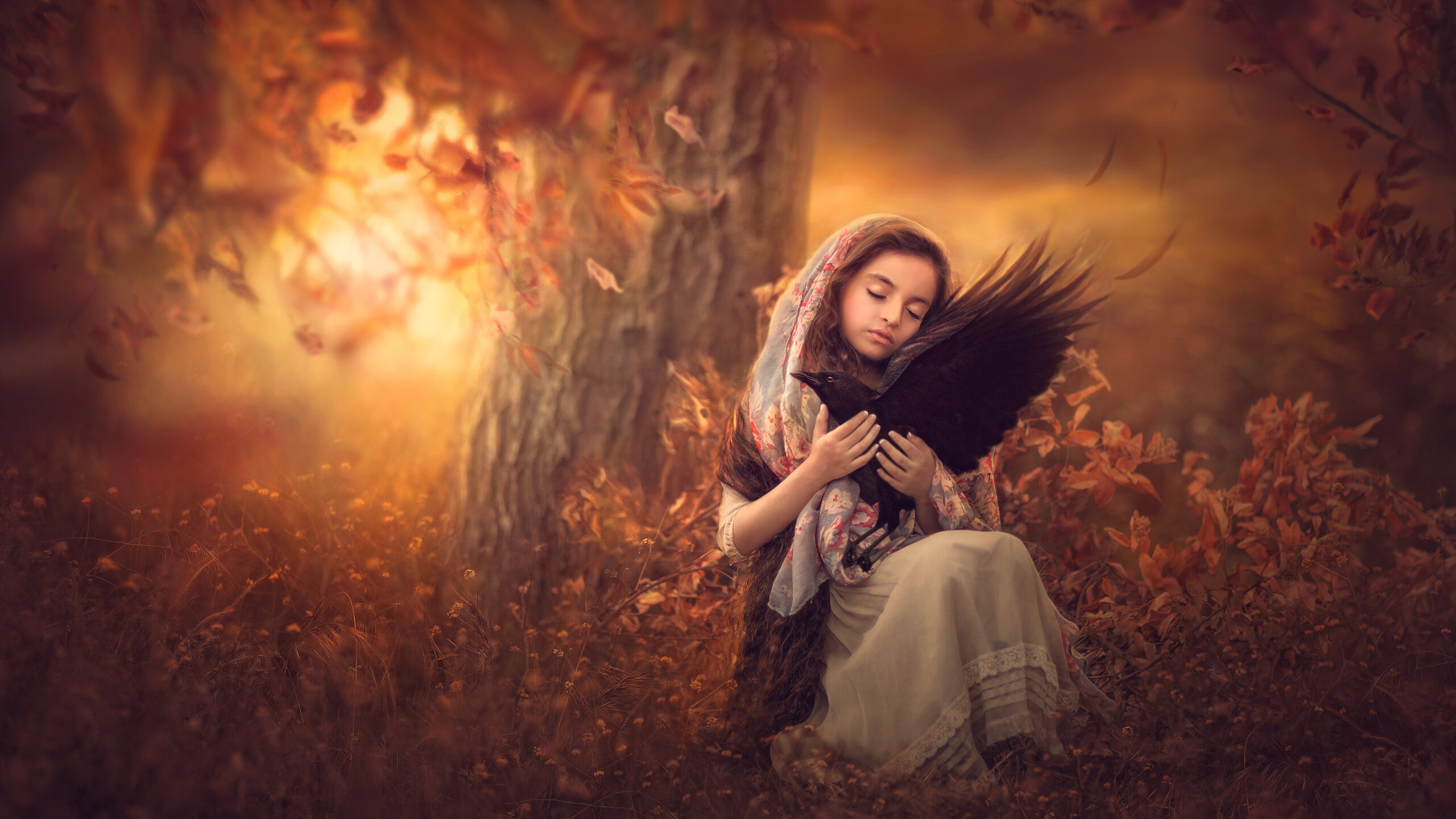 Little Girl With Bird Sitting On Lap 5k Wallpaper In 2560x1440 Resolution