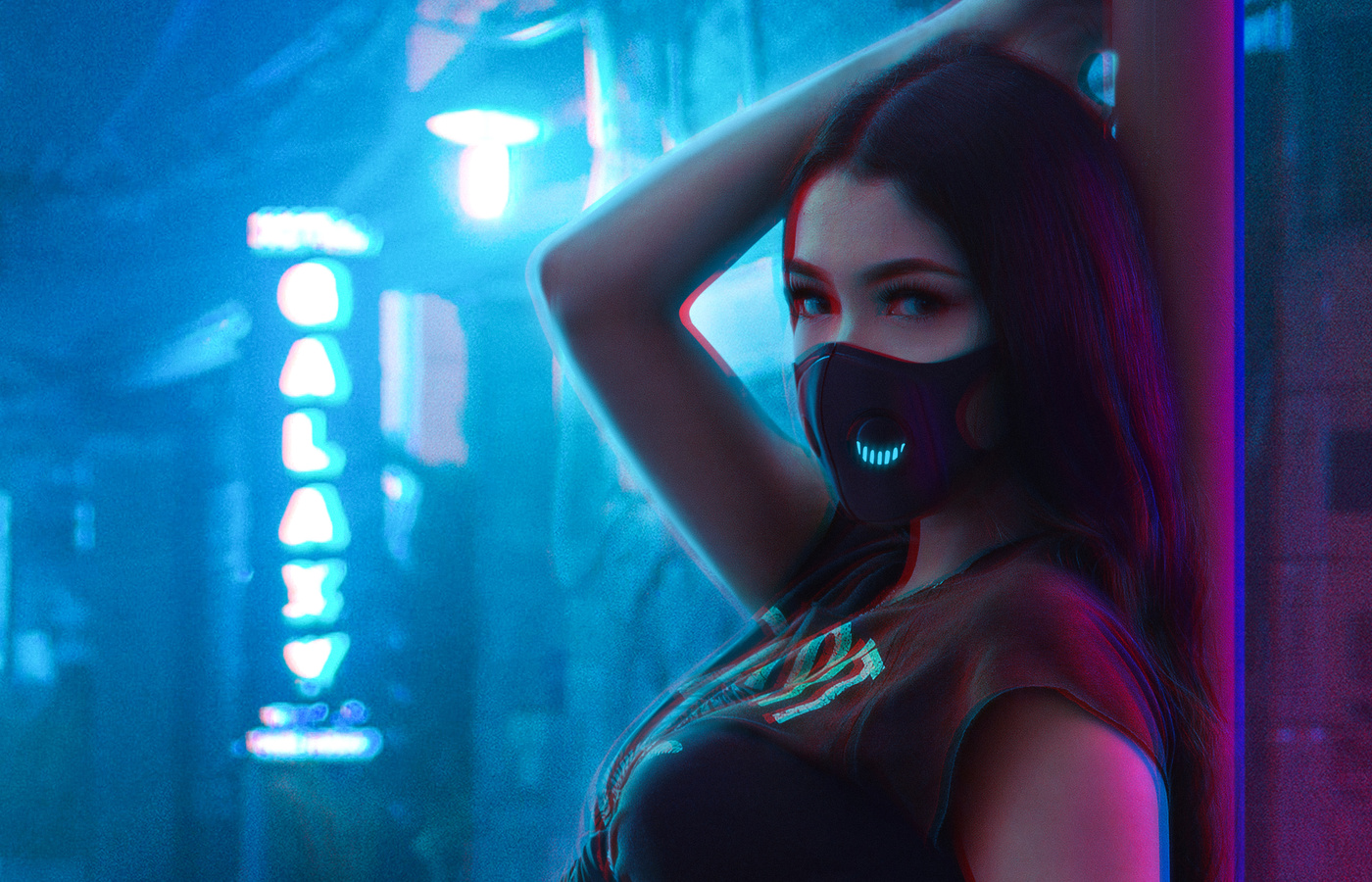 1400x900 Mask Girl Neon Posing 1400x900 Resolution HD 4k Wallpapers
