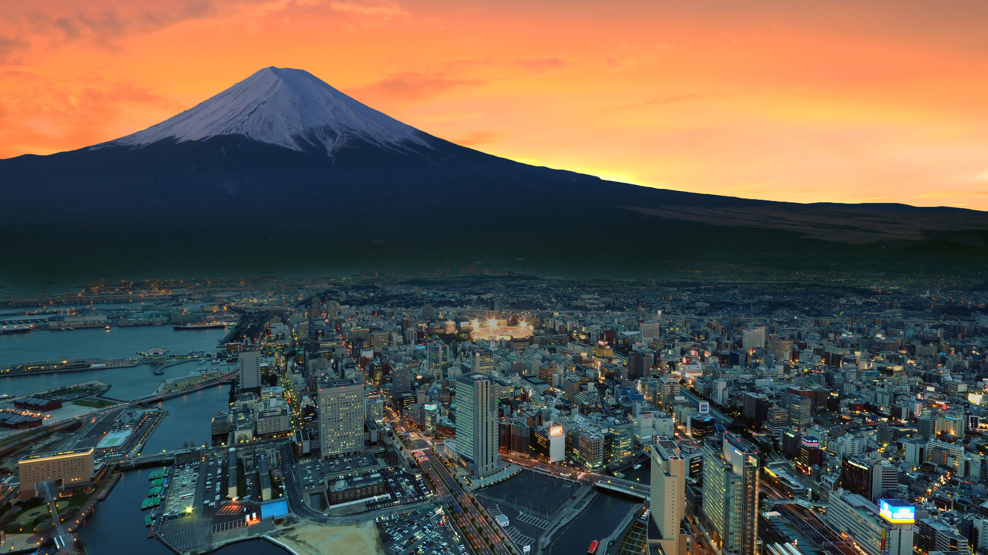 1920X1080 Mount Fuji Snowy Peak Japan Sunset City Laptop Full Hd 1080P