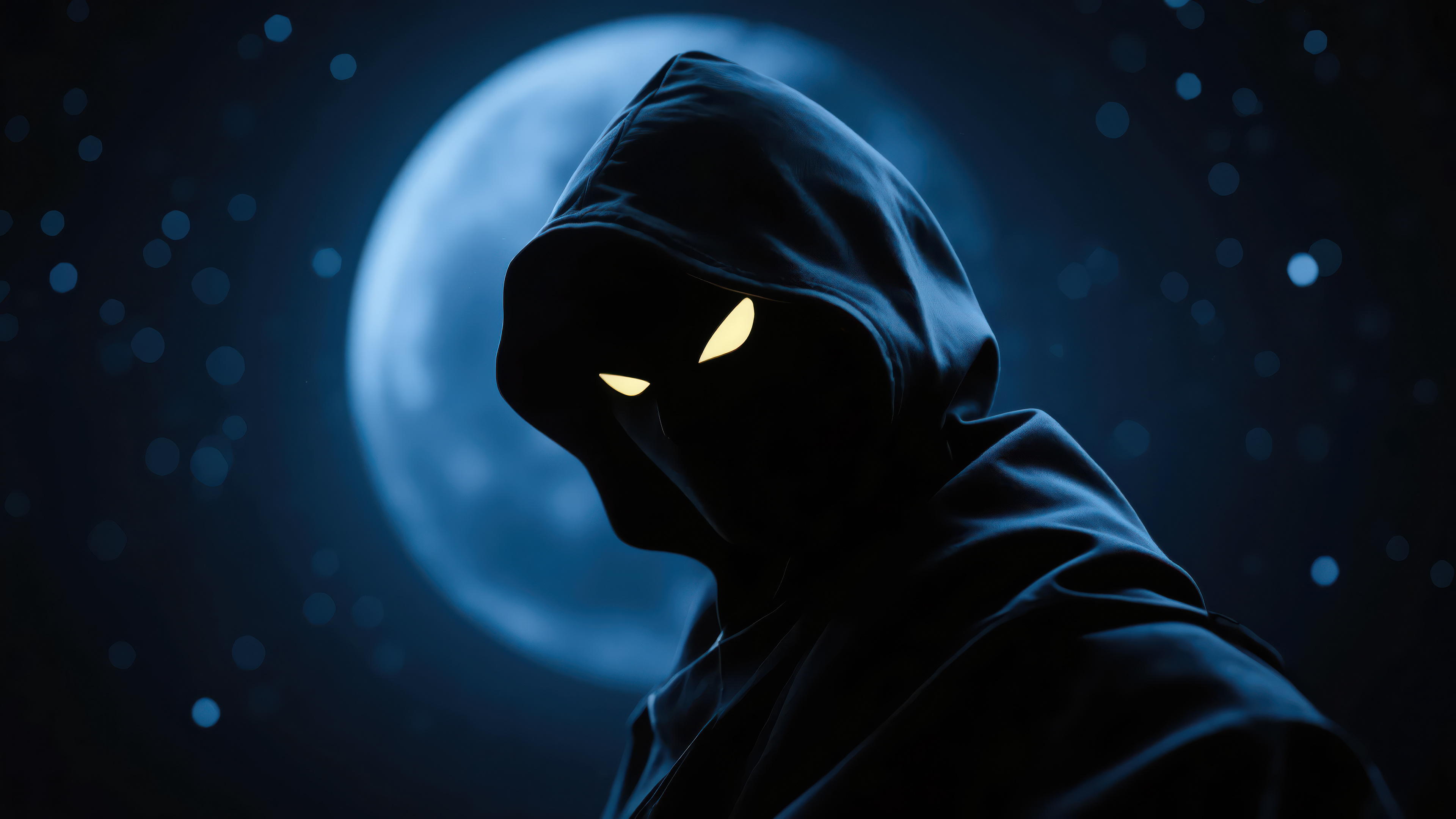 3840x2160 Mysterious Hooded Man Glowing Eyes Under Blue Moon 4K ,HD 4k  Wallpapers,Images,Backgrounds,Photos and Pictures, image size:3840x2160