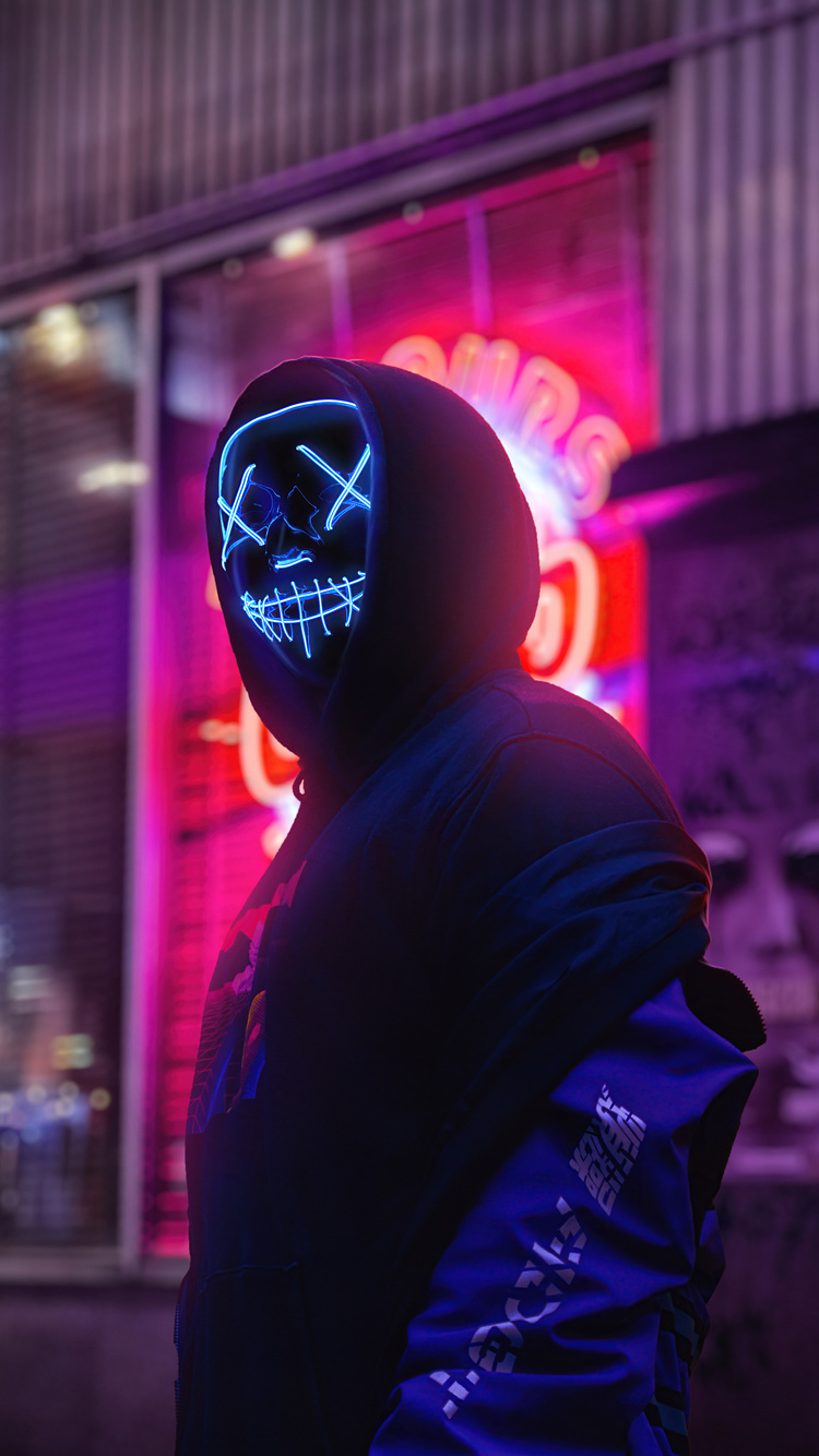 750x1334 Neon Mask Boy City 4k iPhone 6, iPhone 6S, iPhone 7 ,HD 4k ...