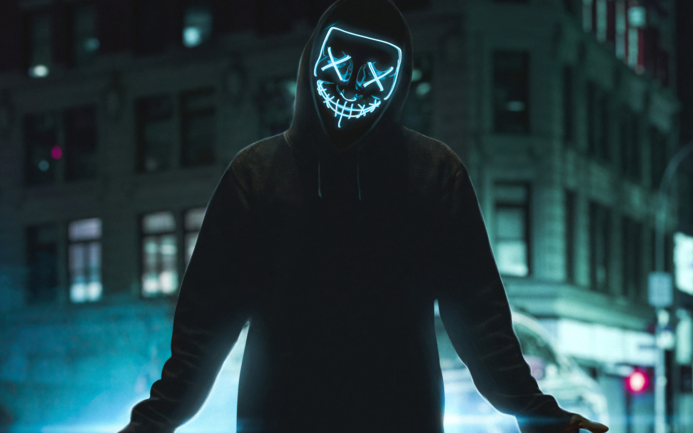 2880x1800 Neon Mask Guy Street 4k Macbook Pro Retina Hd 4k Wallpapers Images Backgrounds Photos And Pictures