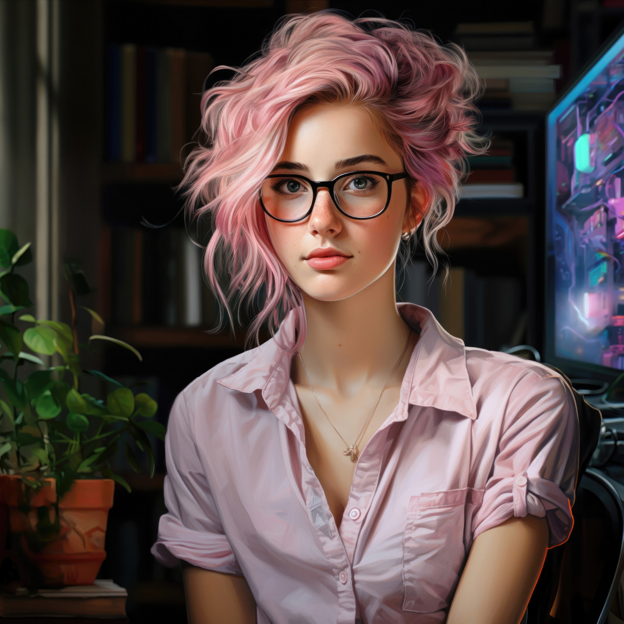 2048x2048 Pink Haired Girl With Glasses At Home Office Ipad Air ,HD 4k