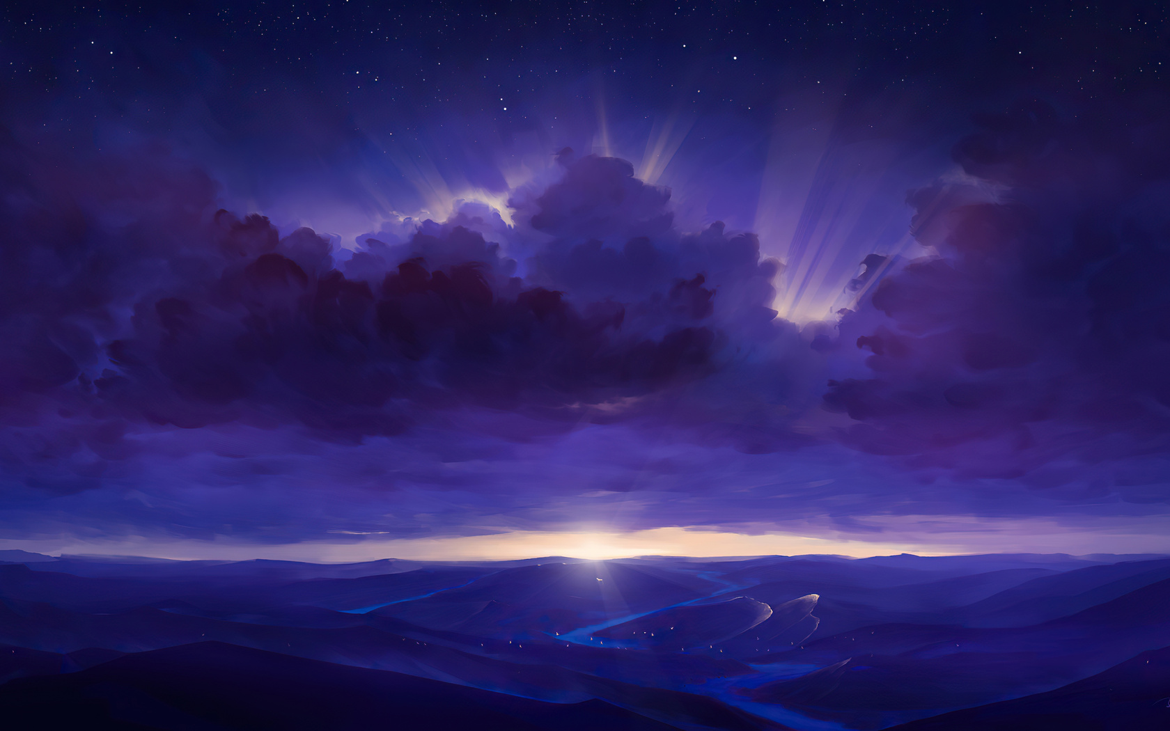 1680x1050 Purple Rays Sky Stars Digitalart River 4k Wallpaper 1680x1050 