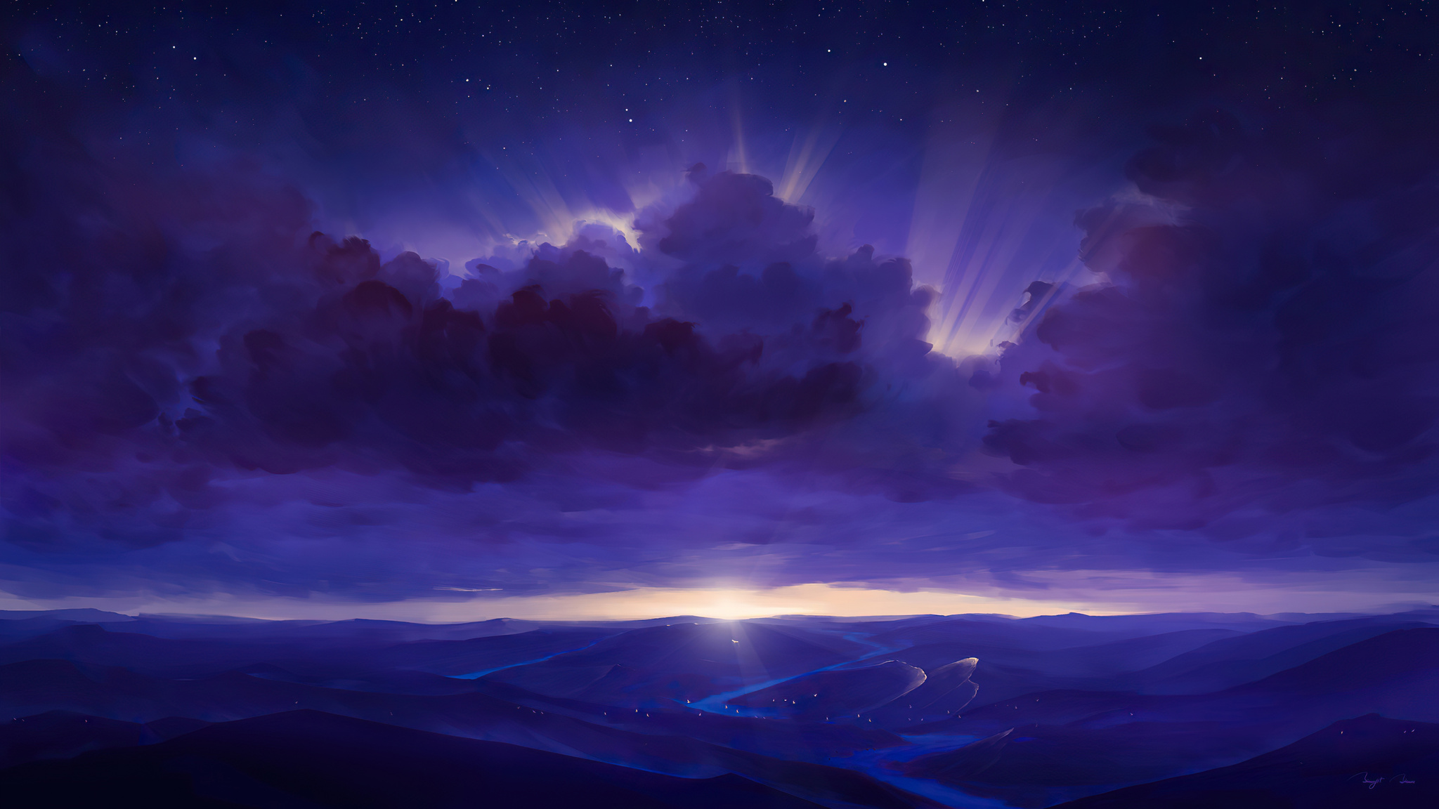 2048x1152 Purple Rays Sky Stars Digitalart River 4k Wallpaper 2048x1152 