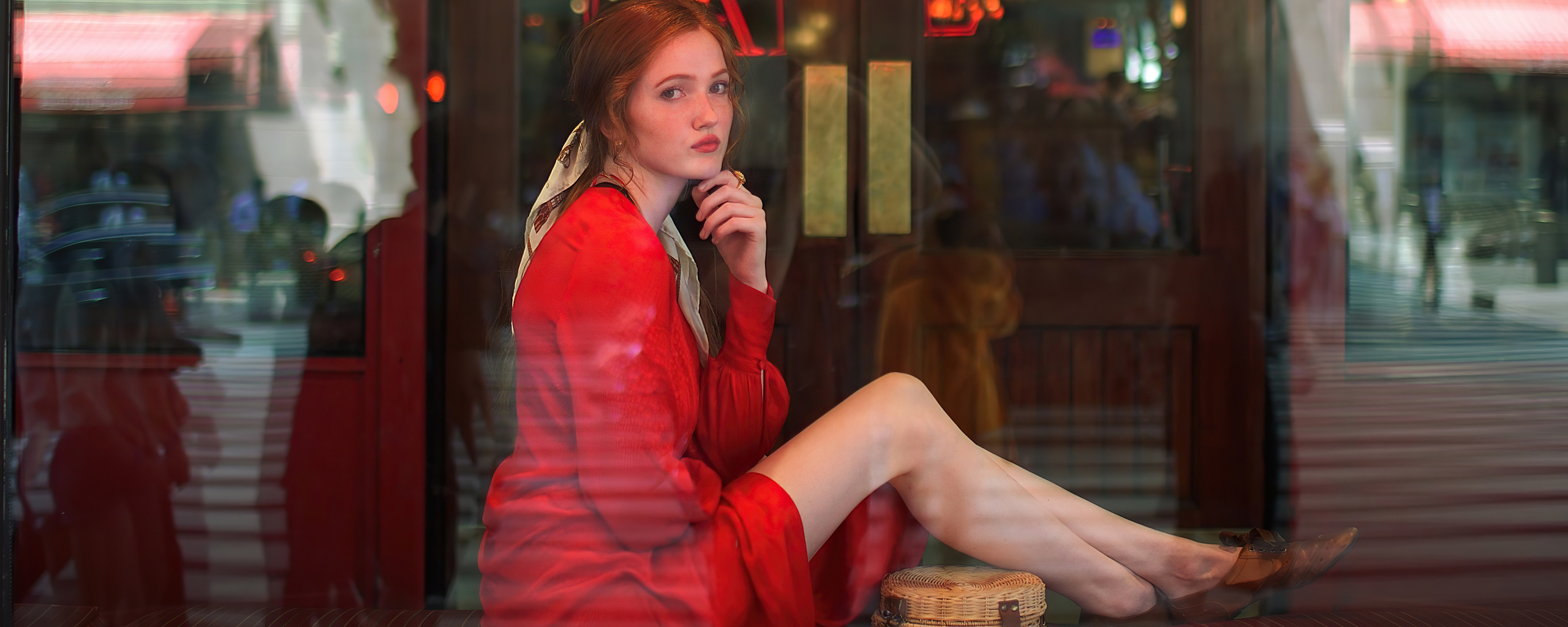 2560x1024 Red Dress Redhead Photoshoot 4k Wallpaper 2560x1024