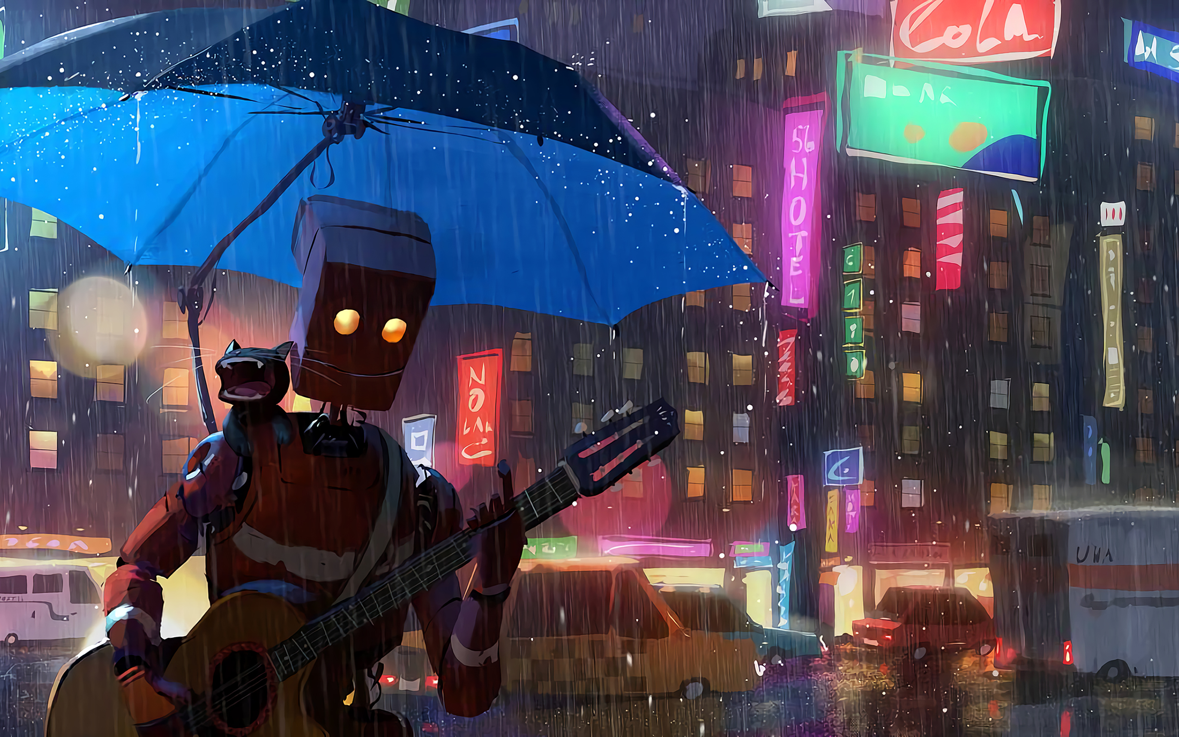 Гитара зонтик. Робот под дождем. Дождливый город. Кот киберпанк. Робот в дождь арт.