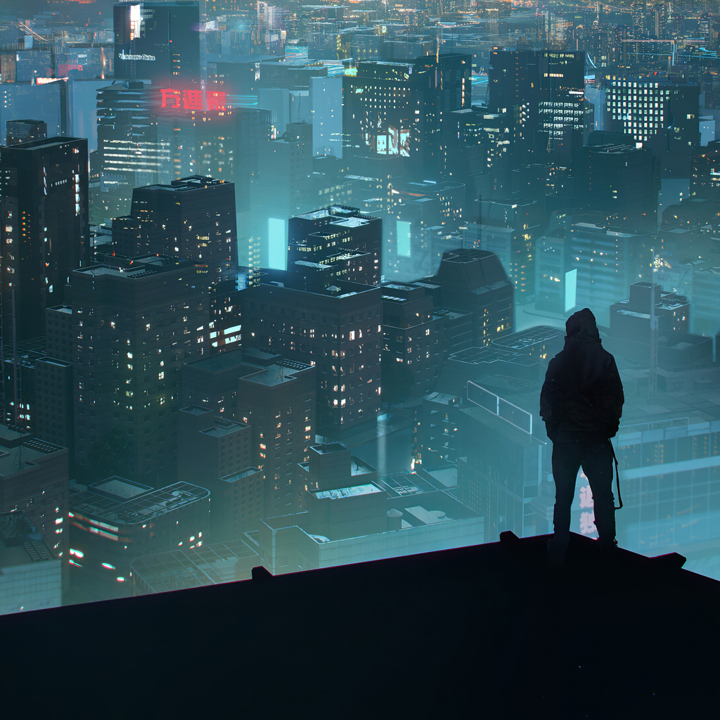 1024x1024 Rooftop Scifi Anonymus Hoodie Guy 4k 1024x1024 Resolution HD ...