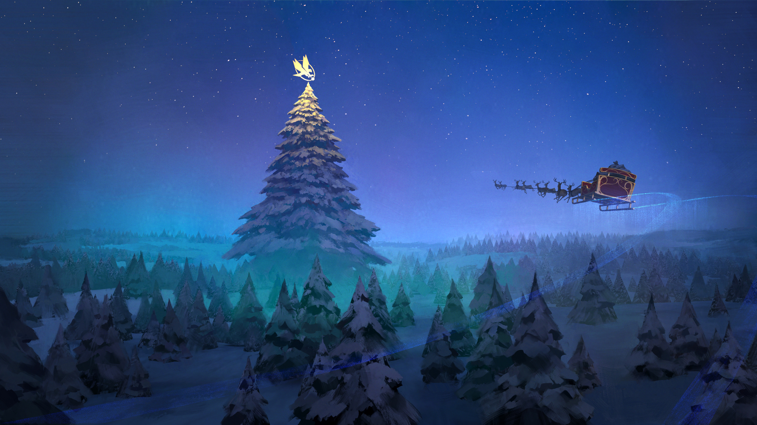 2560x1440 Santa Claus Reindeer Sleigh Flying Christmas Tree 8k 1440P