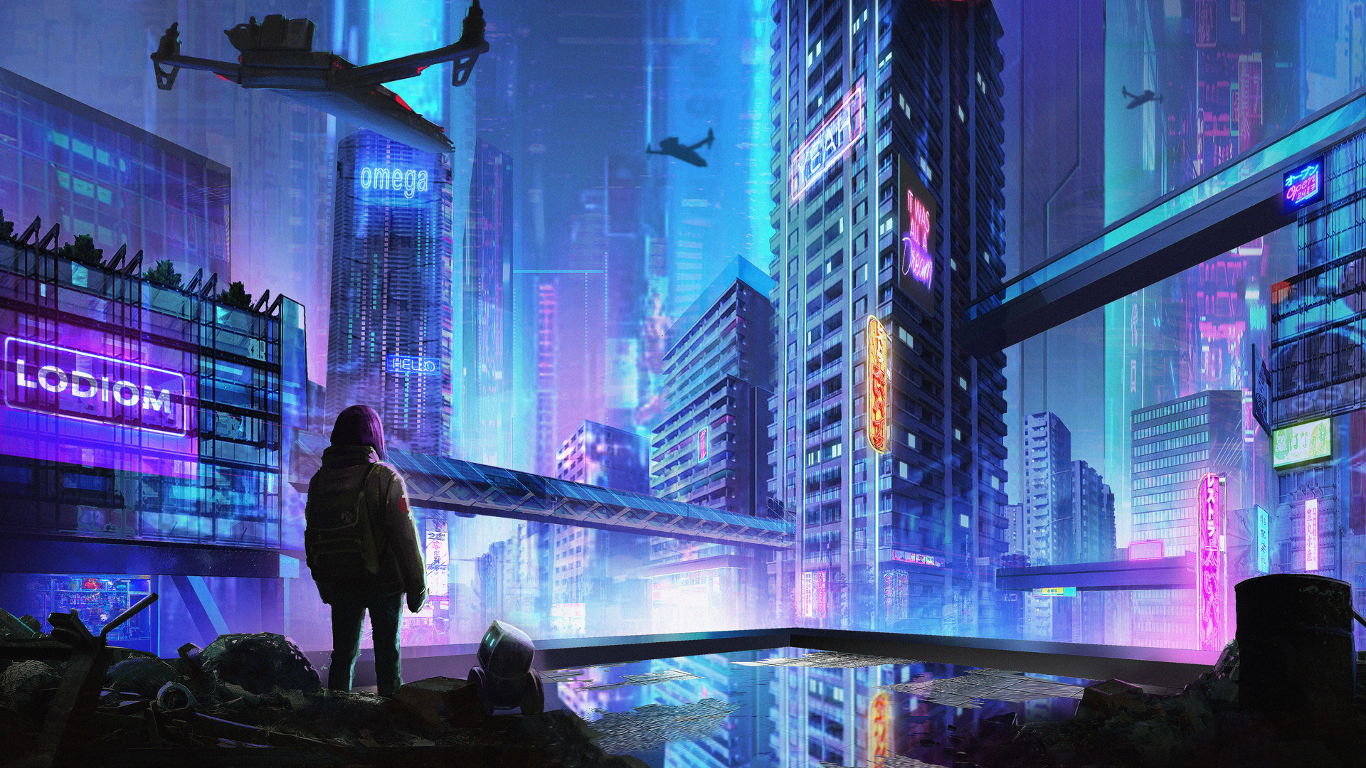 Download wallpaper 1920x1080 cyberpunk, dark, cityscape, buildings, art,  full hd, hdtv, fhd, 1080p wallpaper, 1920x1080 hd background, 16538