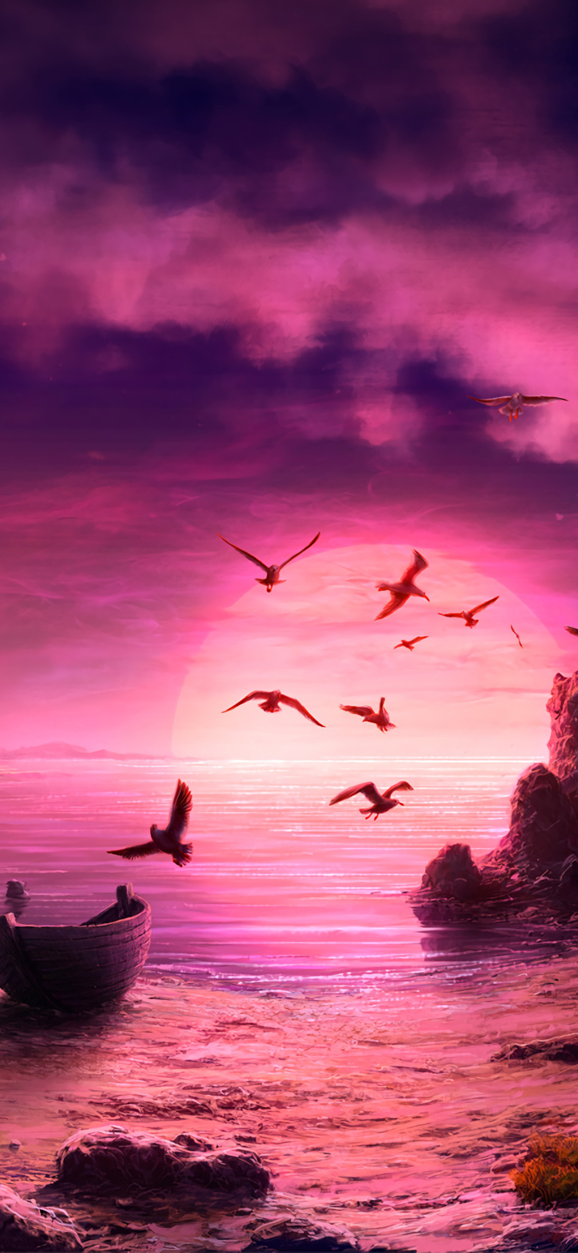 1125x2436 Seagull Birds Boat Landscape Purple Sunset Iphone XS,Iphone  10,Iphone X HD 4k Wallpapers, Images, Backgrounds, Photos and Pictures
