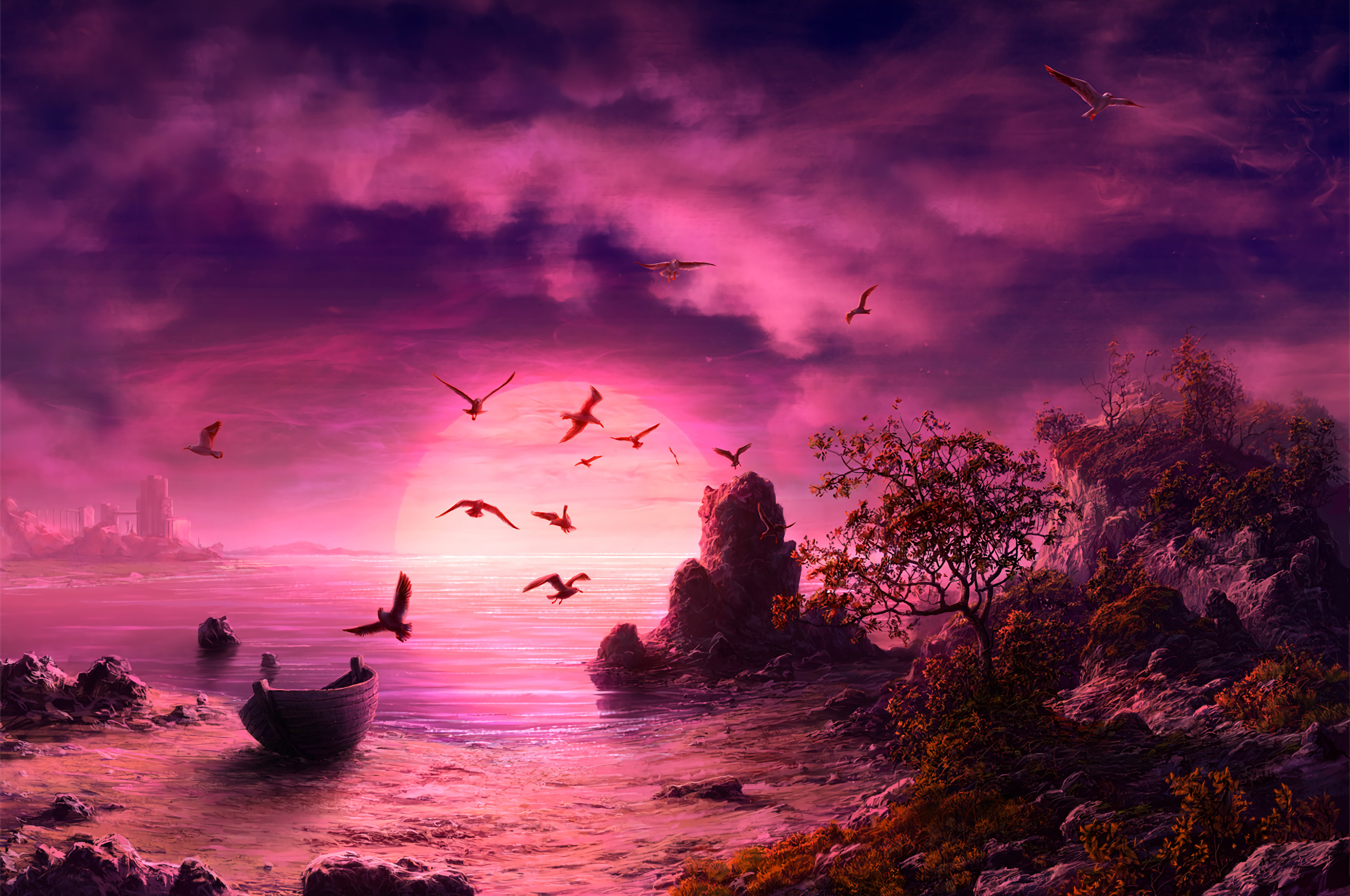 2560x1700 Seagull Birds Boat Landscape Purple Sunset Chromebook Pixel HD 4k  Wallpapers, Images, Backgrounds, Photos and Pictures