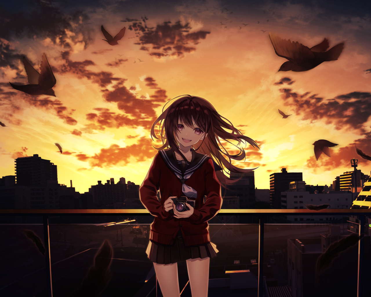 1280x1024 Smiling Anime Girl Taking Photographs Cityscape 4k 1280x1024  Resolution HD 4k Wallpapers, Images, Backgrounds, Photos and Pictures