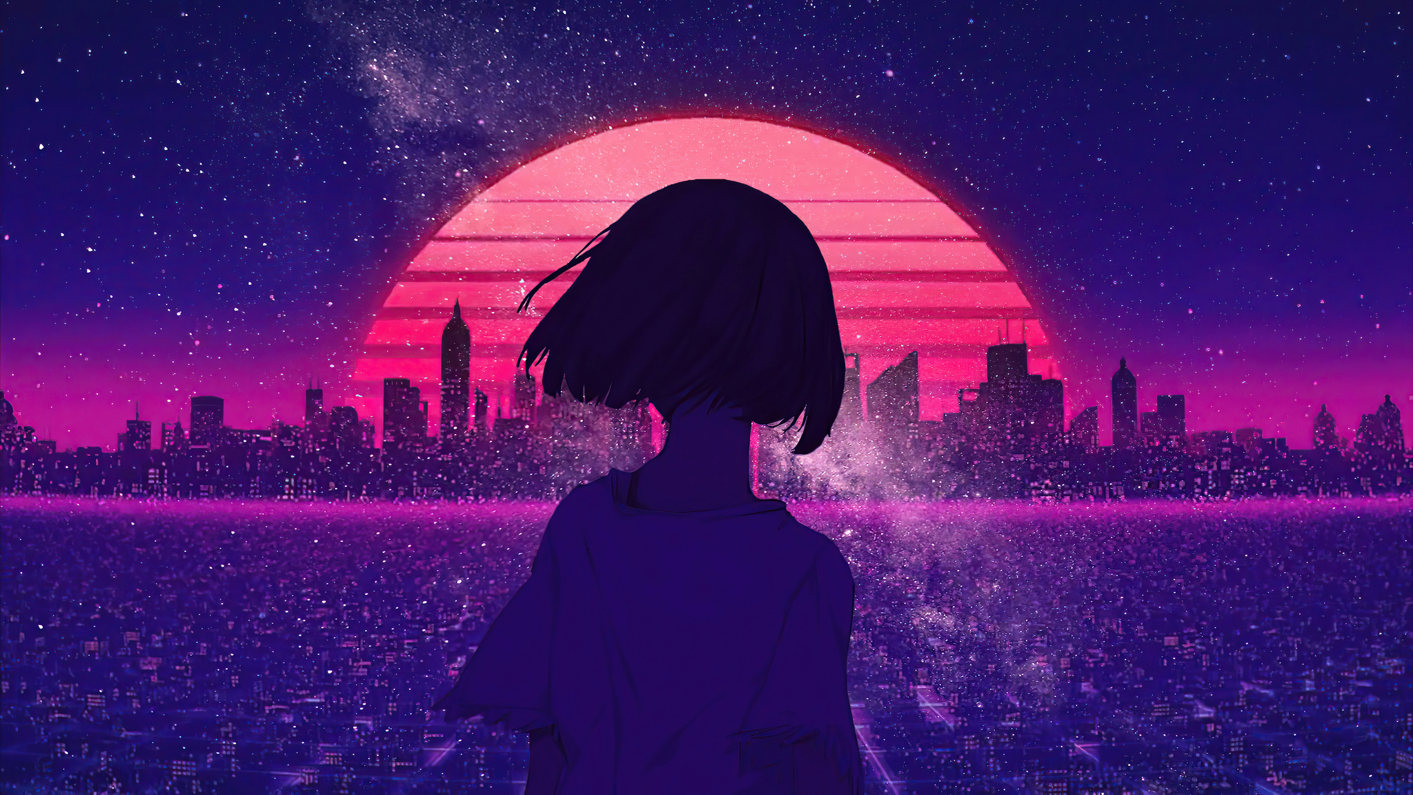 Synthwave Night Sunset Anime Girl 4k In 2048x1152 Resolution. 
