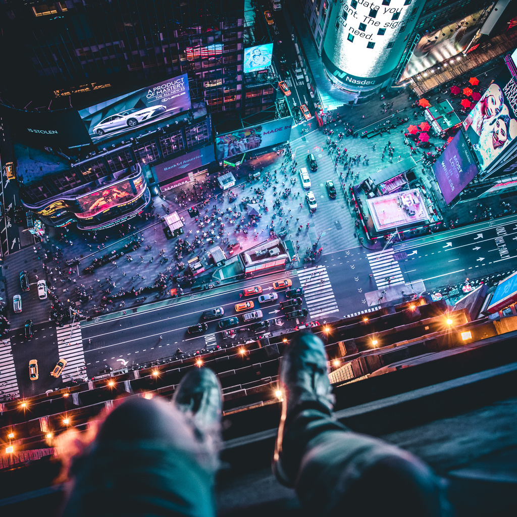 1024x1024 Time Square Aerial View Man Siting At Top 5k 1024x1024 ...