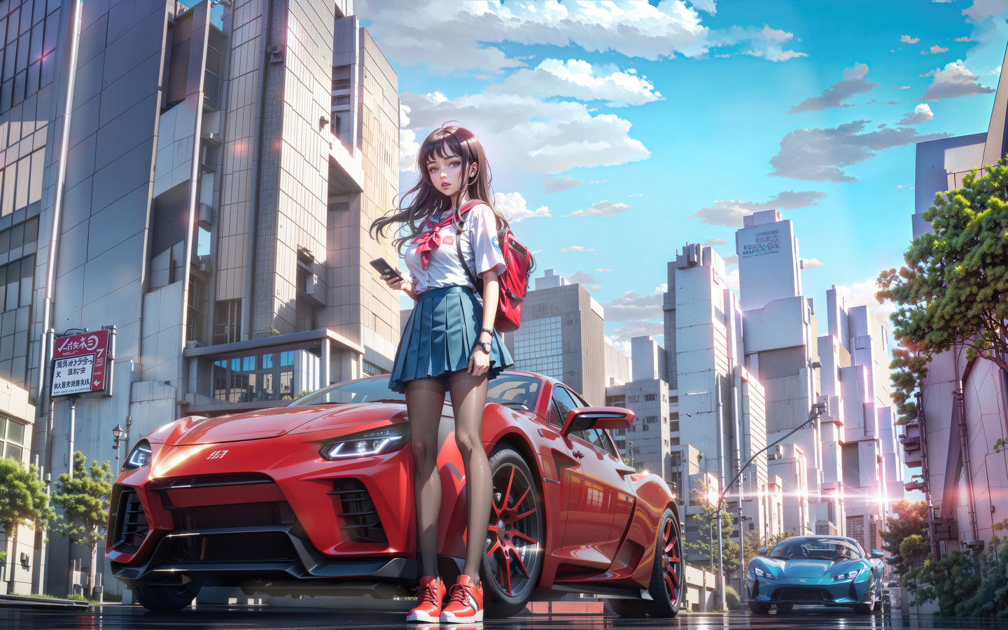 1440x900 Urban Day Anime School Girl Sneakers With Cars 5k Wallpaper ...