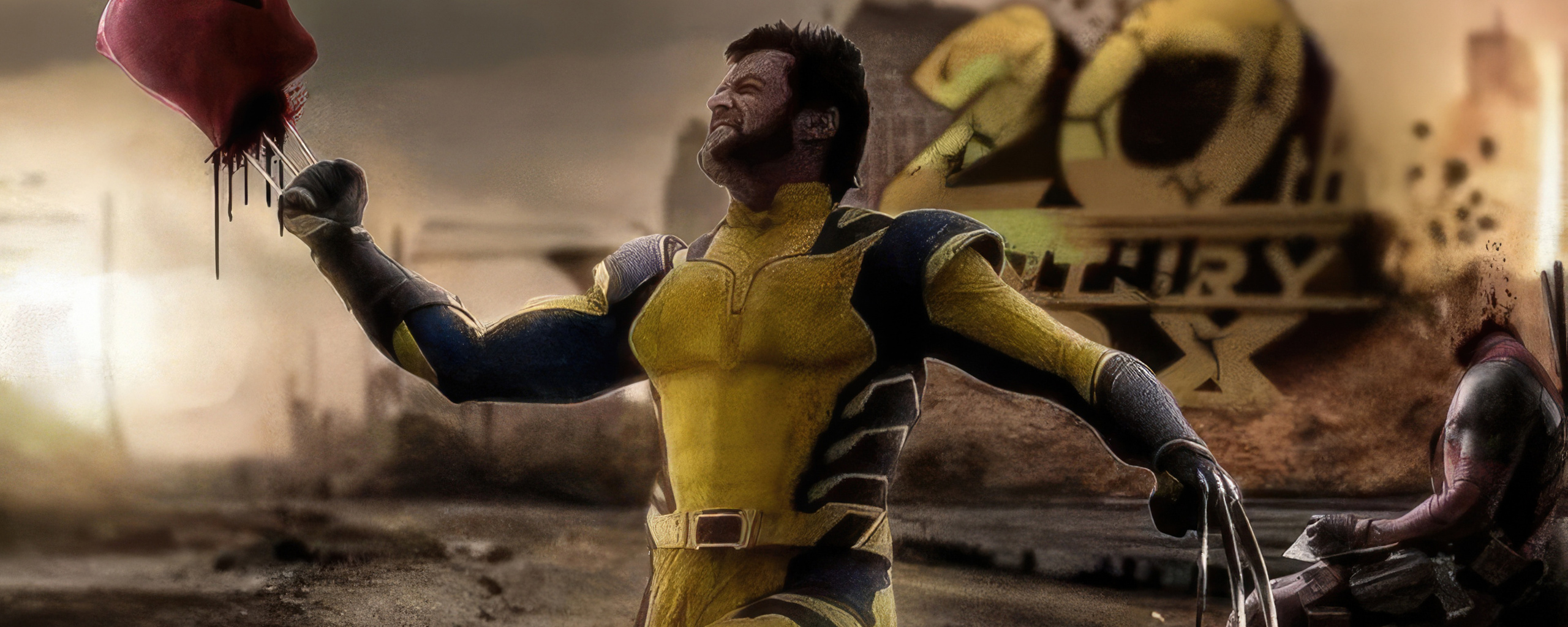 2560x1024 Wolverine Faces Deadpool Slicing Through Chaos Wallpaper ...