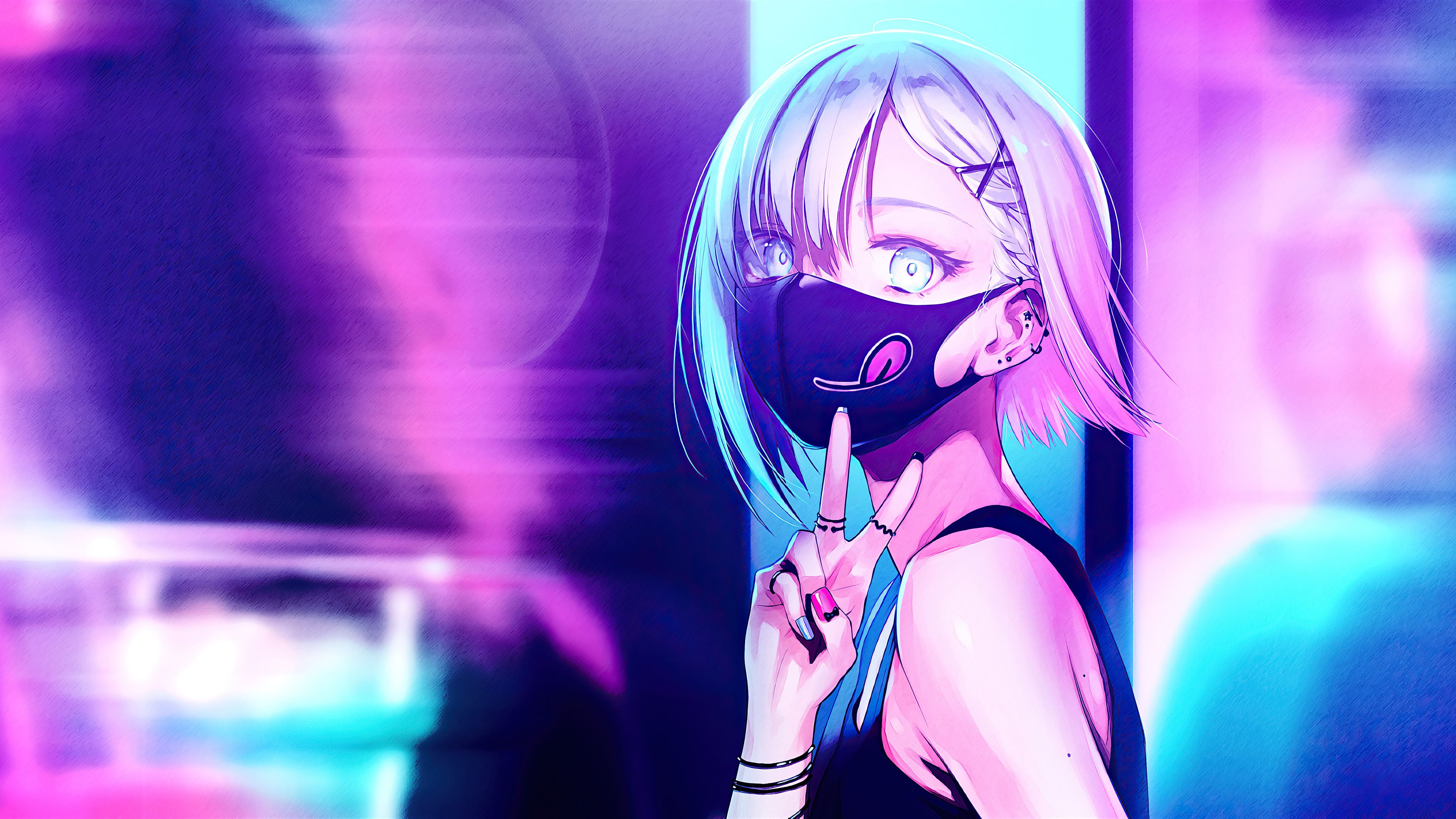 Anime Girl City Lights Neon Face Mask 4k, HD Anime, 4k
