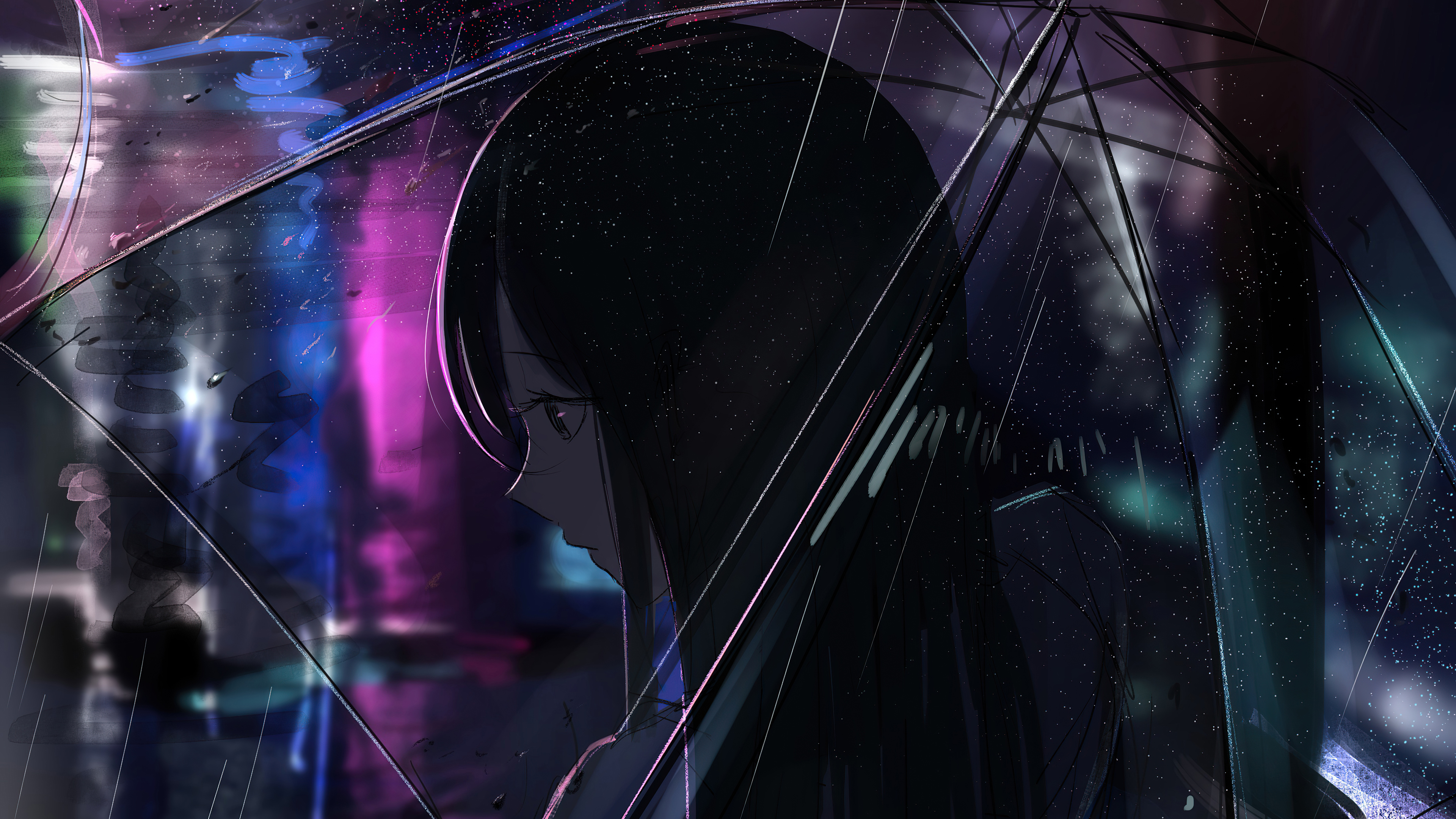 Anime Girl Transparent Umbrella Rain 4k