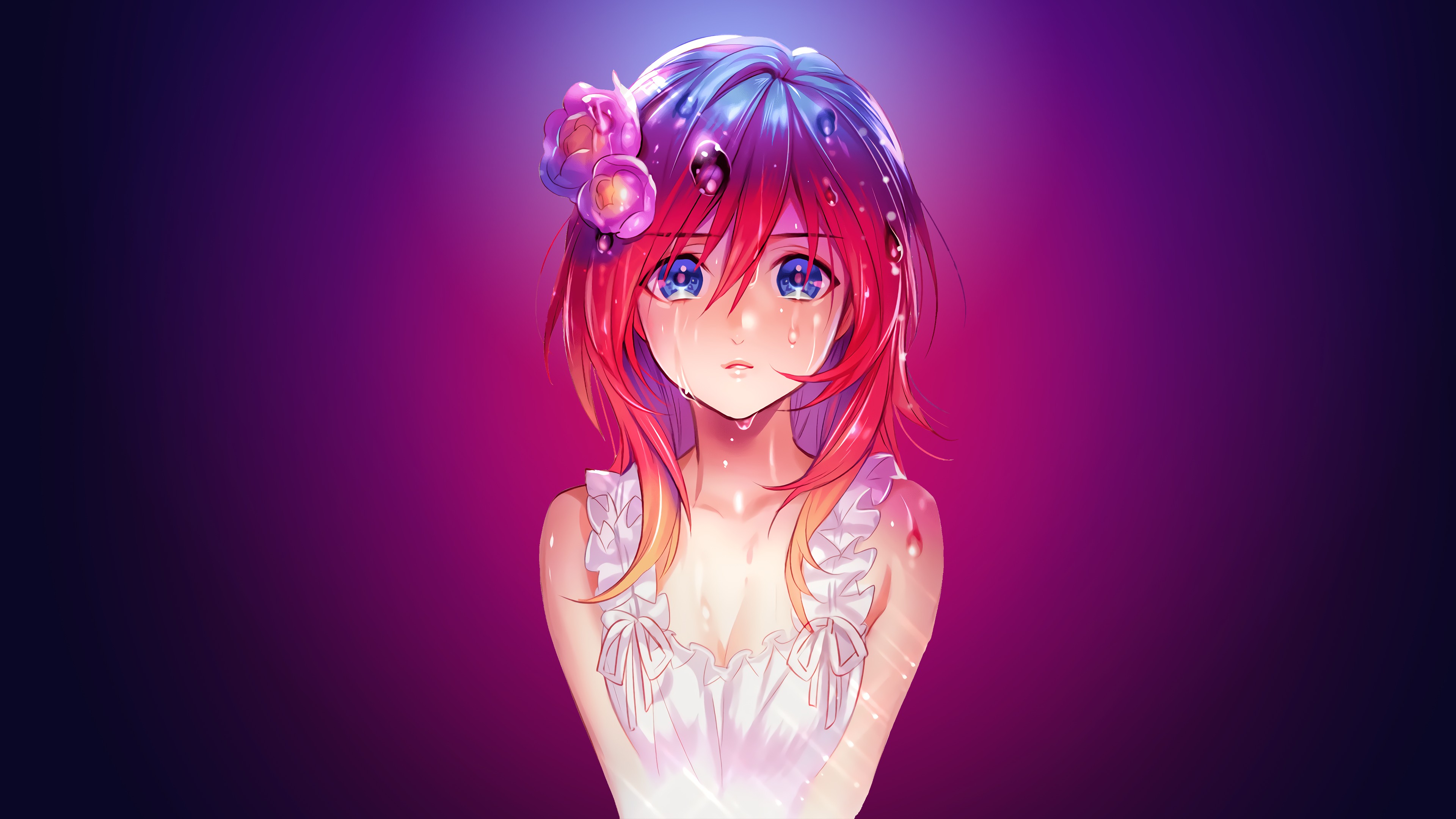 Anime Girl Water Drops Red Head Blue Eyes, HD Artist, 4k Wallpapers