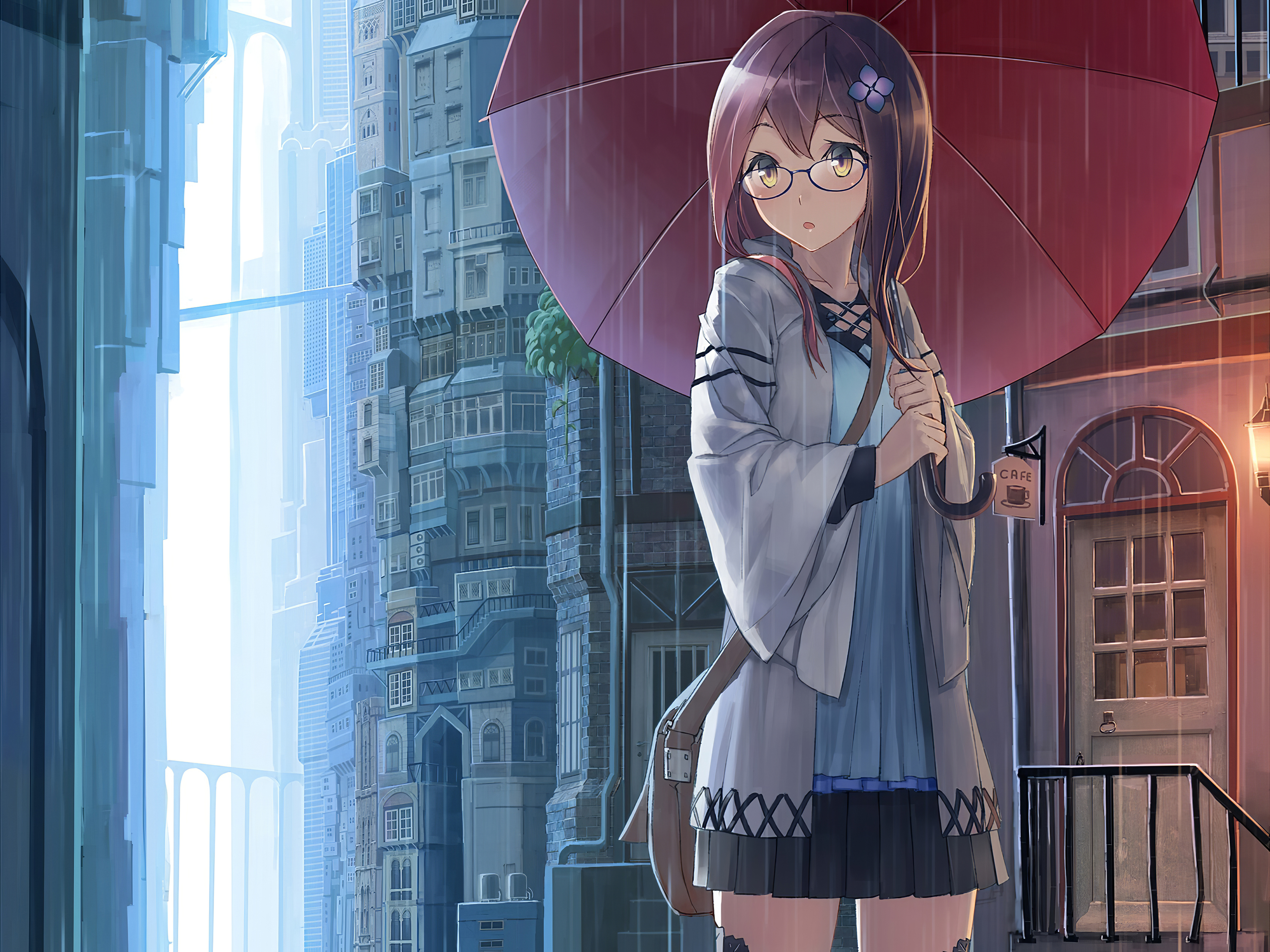 Anime Girl Yellow Eyes Rain Umbrella 4k, HD Anime, 4k Wallpapers