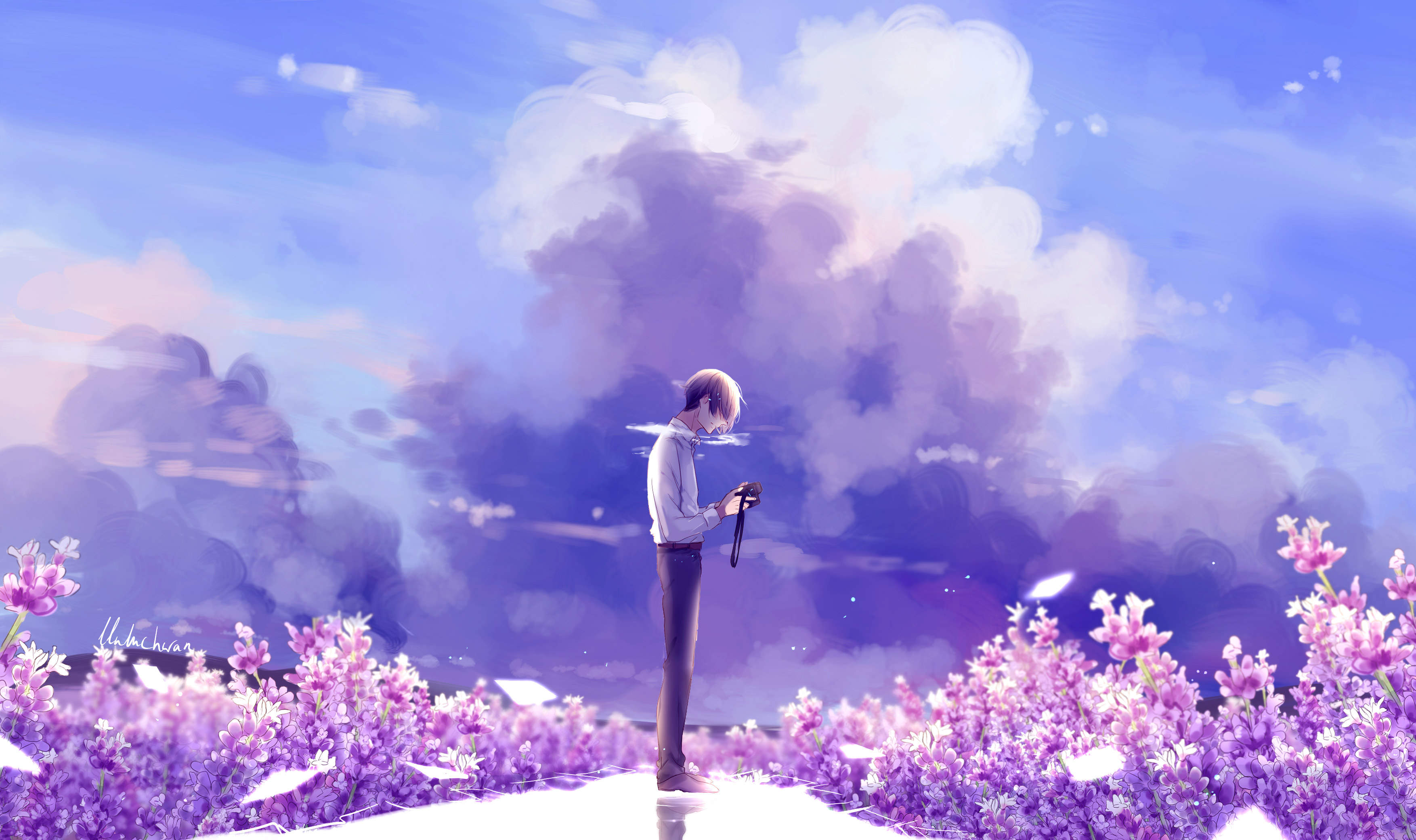1400x900 Animeguy Animemanga Clouds Digital Flowers Illustration Lavender 1400x900 Resolution Hd 4k Wallpapers Images Backgrounds Photos And Pictures