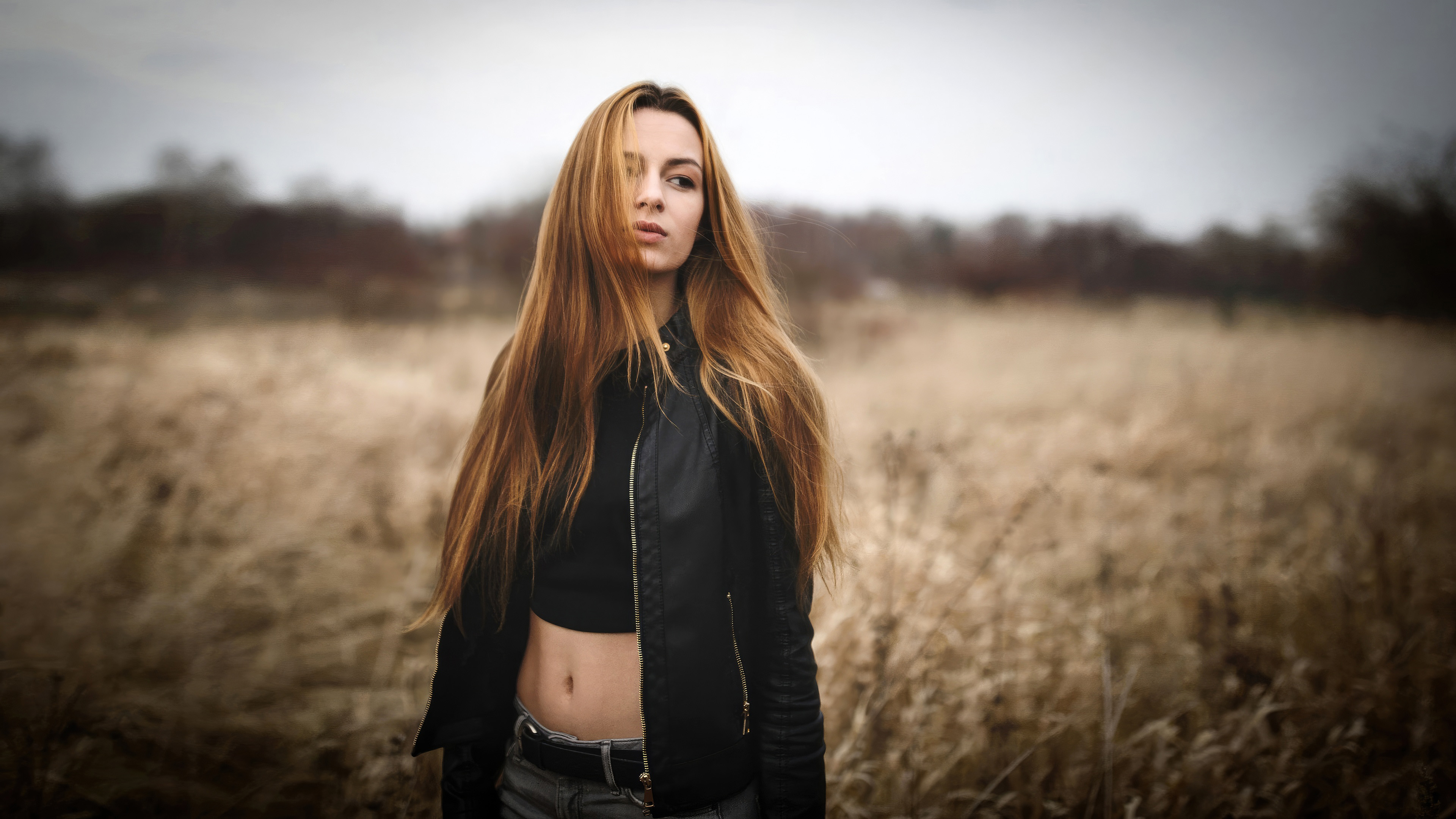 Black Leather Jacket Redhead Long Hairs On Face Wallpaperhd Girls Wallpapers4k Wallpapers 