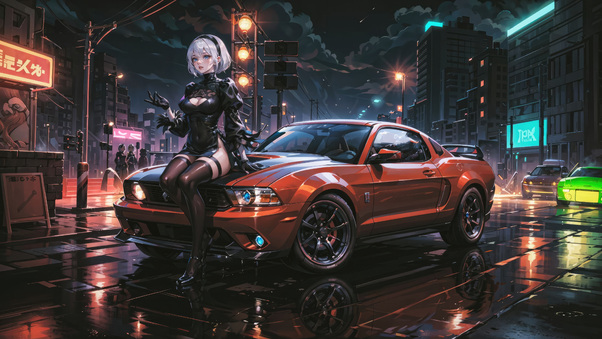 2b Nier Automata And Her Mercedes In The Neon Cityscape Wallpaper