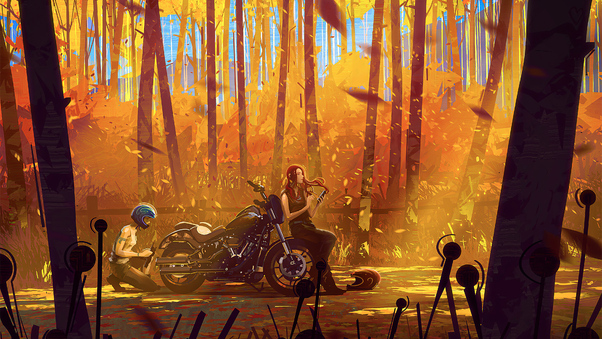 A Beautiful Autumn Biker Breakdown 4k Wallpaper