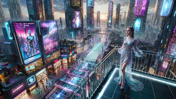 A Classical Girl In A Neon Fantasy Scifi World Wallpaper